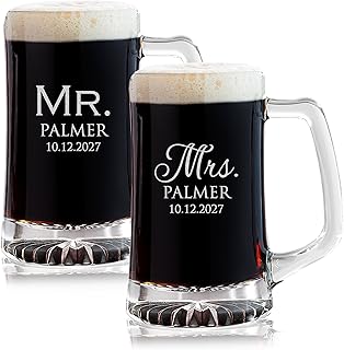 Lifetime Creations Pair (2) Engraved Personalized Mr. & Mrs. Beer Mugs 25 oz - Beer Stein Wedding Gift for Bride & Groom, Newlywed Engagement Gift, Dishwasher Safe, Made in USA