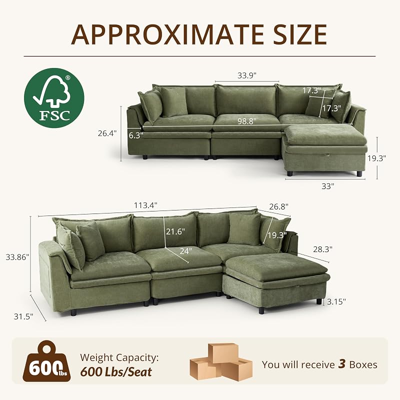 113.4'' Modular Sectional Couch Sofa with Storage Ottoman image 2