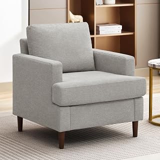 Weture Mid-Century Modern Accent Chair - Comfy Linen Fabric Armchair with Wood Legs for Living Room, Bedroom (Light Grey)