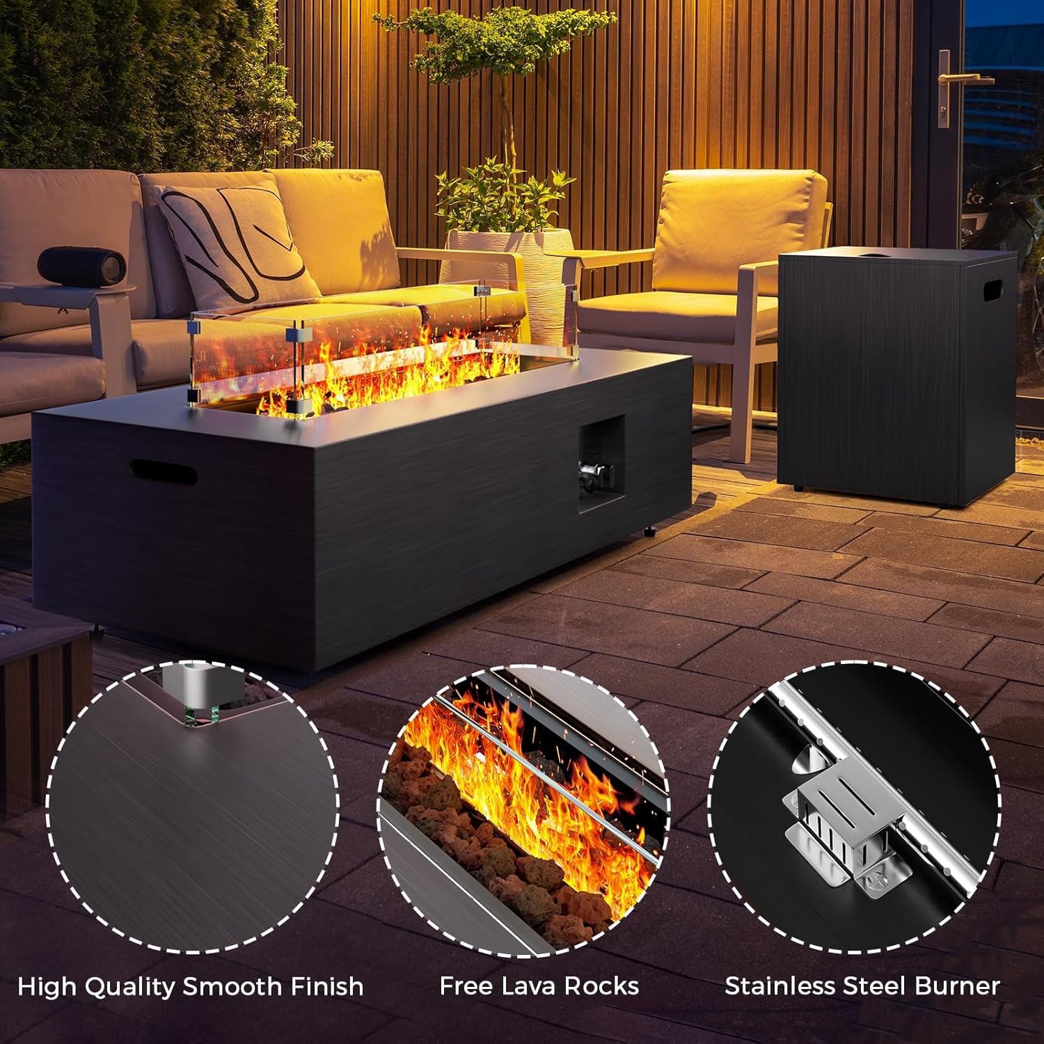 Fire Pit Table 42in Propane Fire Pit 50,000 BTU Rectangular Gas Fire Pits with Wind Guard Propane Tank Cover Table Lava Rocks for Outdoor Outside Patio