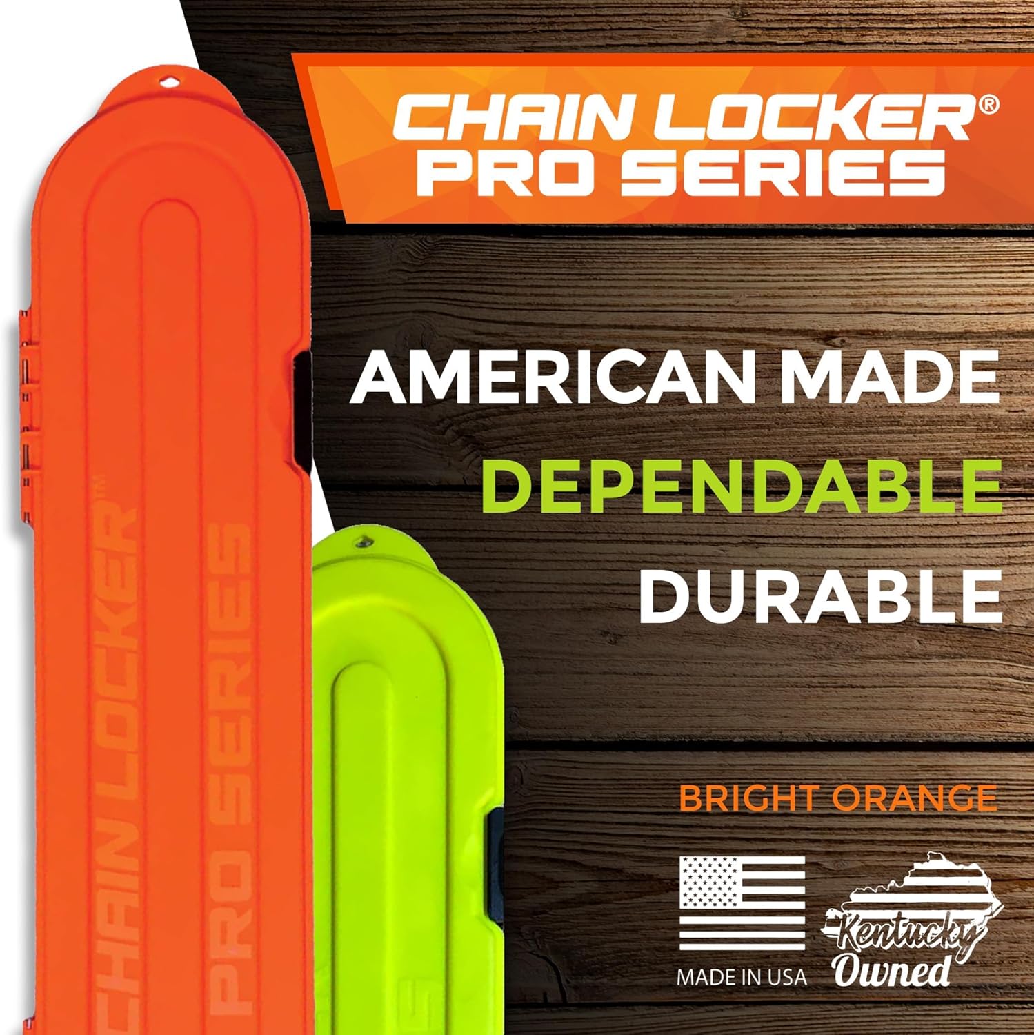 Chain Locker Pro Series - Universal Portable Saw Chain Storage Case, Double Row Design for Long Blades and Double Sided for Sharp and Dull, 2 Inches Tall, Made in USA - High-Vis Orange