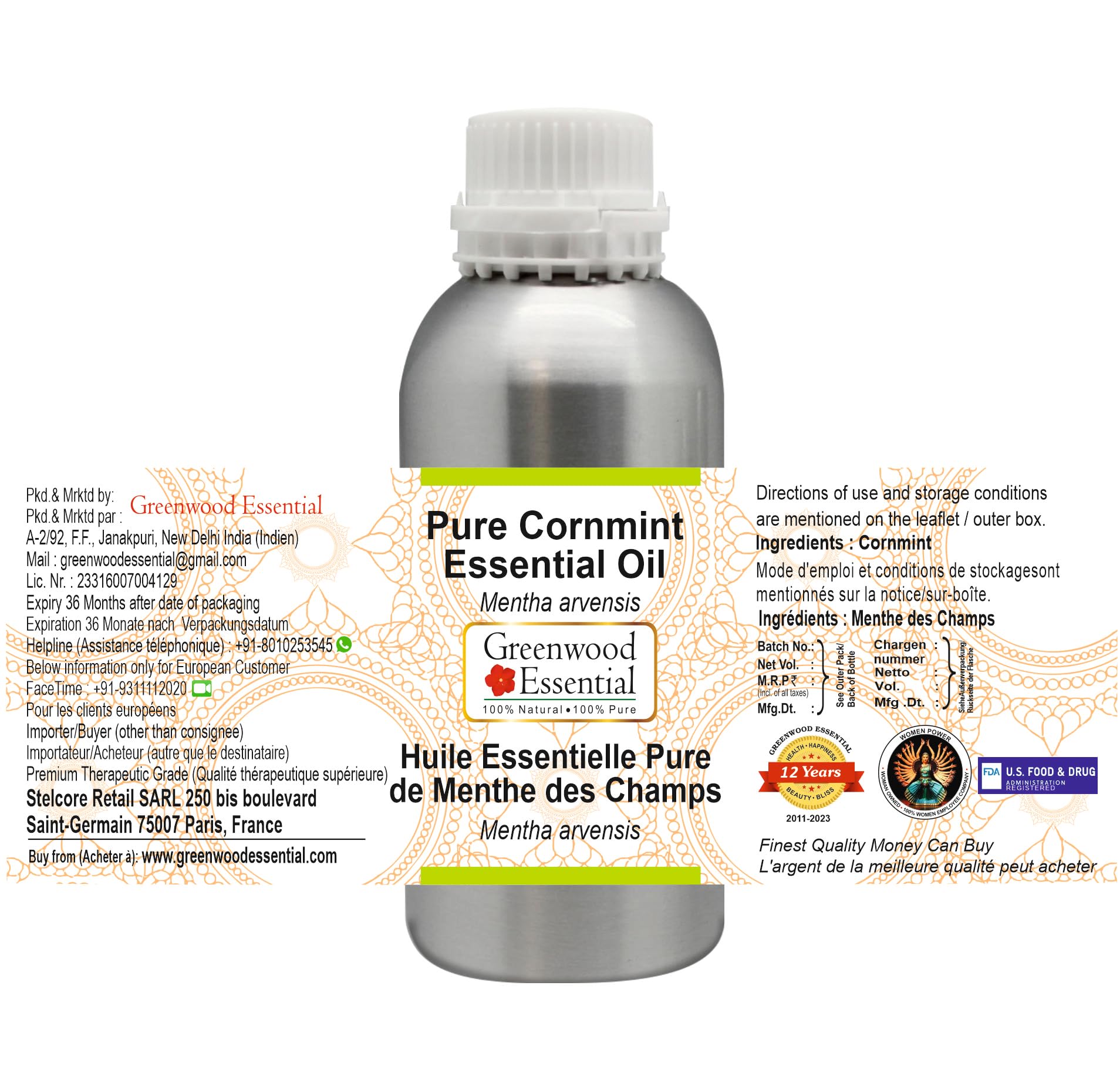 Greenwood Essential Pure Cornmint Essential Oil (Mentha arvensis) 1250ml (42 oz)