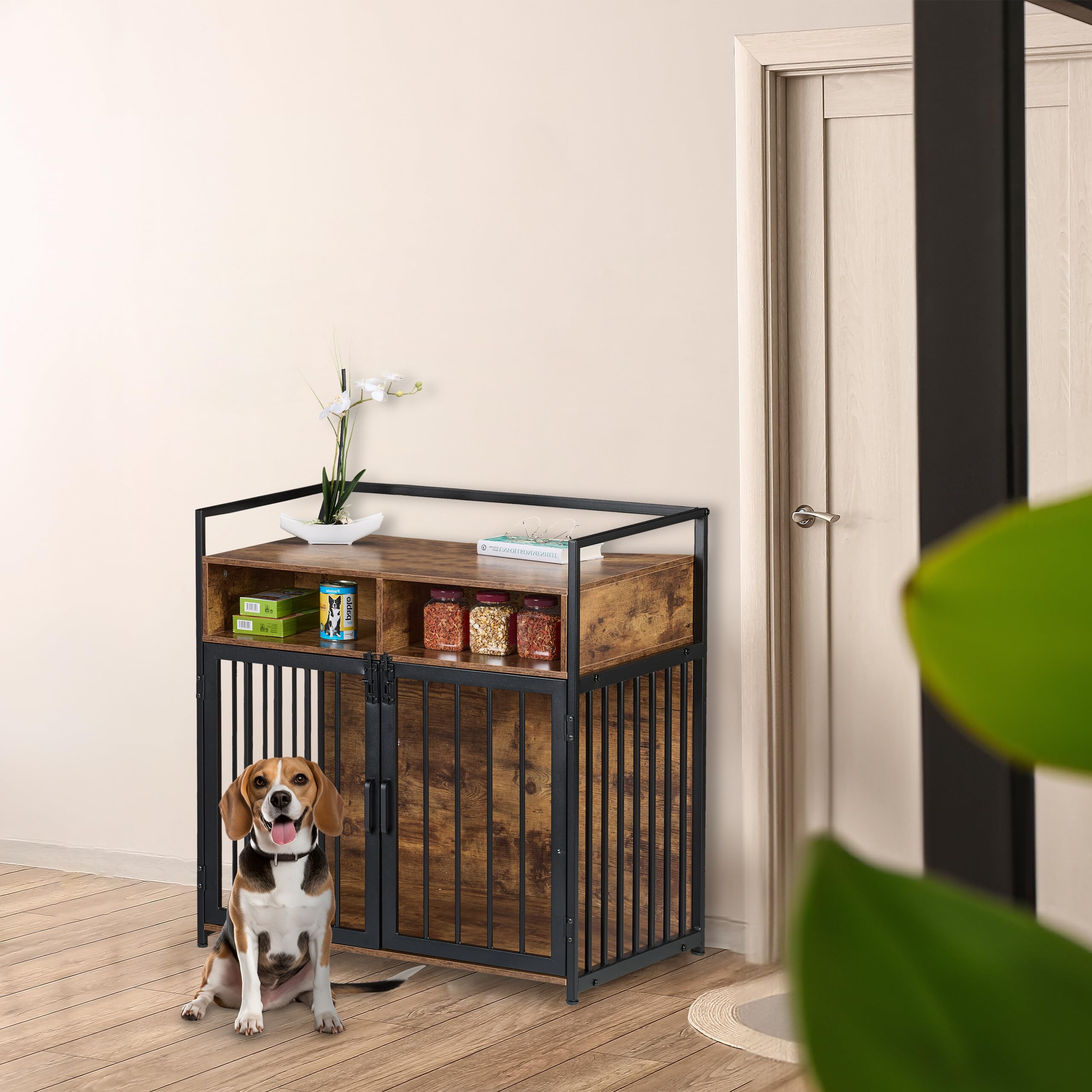 Relaxdays Gabbia per Cani, Mobile con Kennel Integrato, HLP: 85x80x54 cm, Ripiano e 2 Ante, Legno e Ferro, Marrone Nero