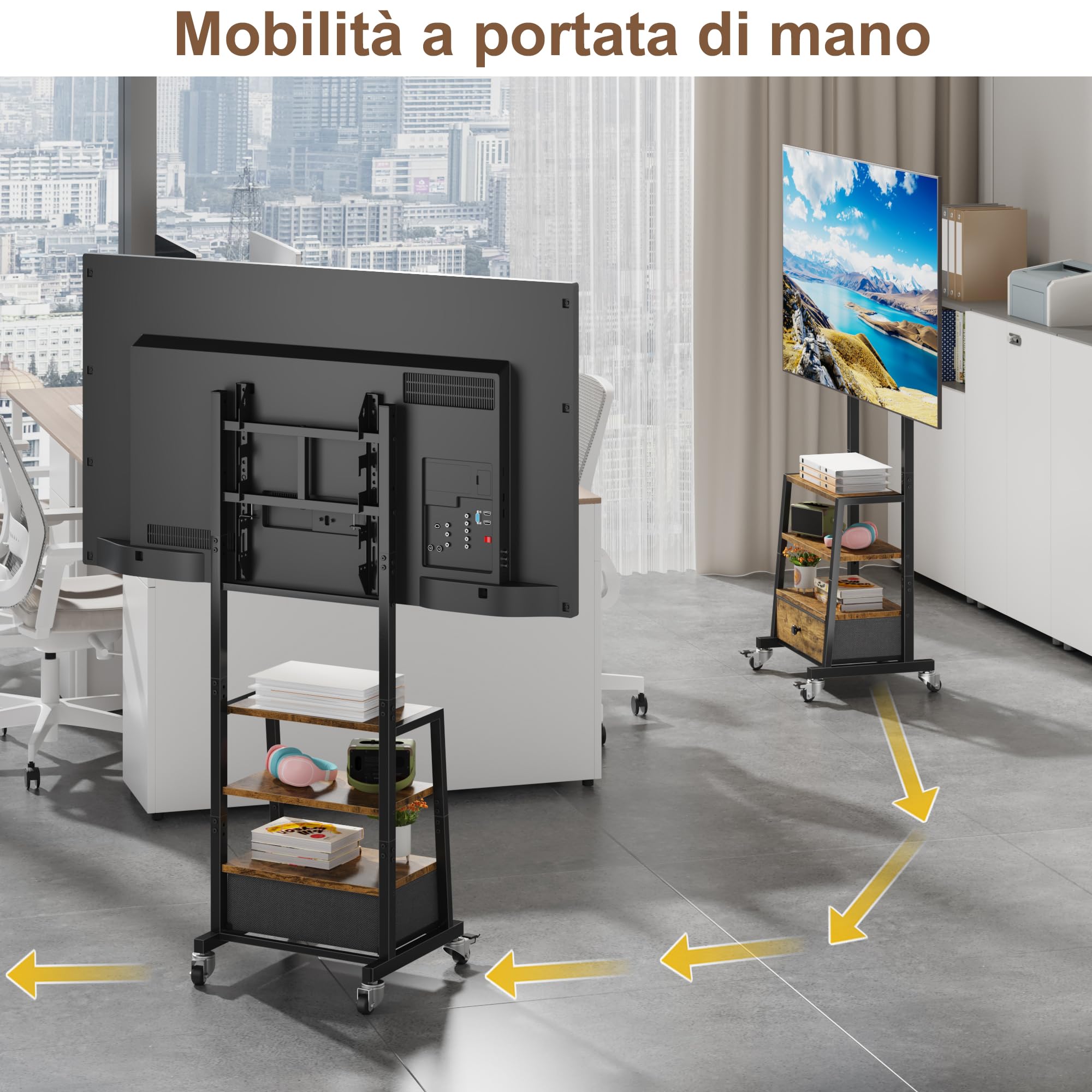 OYRREU Carrello TV con ruote e cassetto in tessuto per TV da 32–55 pollici – Supporto mobile regolabile in altezza per camera da letto, soggiorno o palestra, Marrone Vintage, MAX VESA 400 X 400 MM