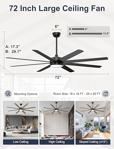Miniatura 3 de Ventiladores de techo grandes de 72'' con luces, ventilador de techo negro moderno con control remoto/APP, atenuable, ventilador de techo grande y