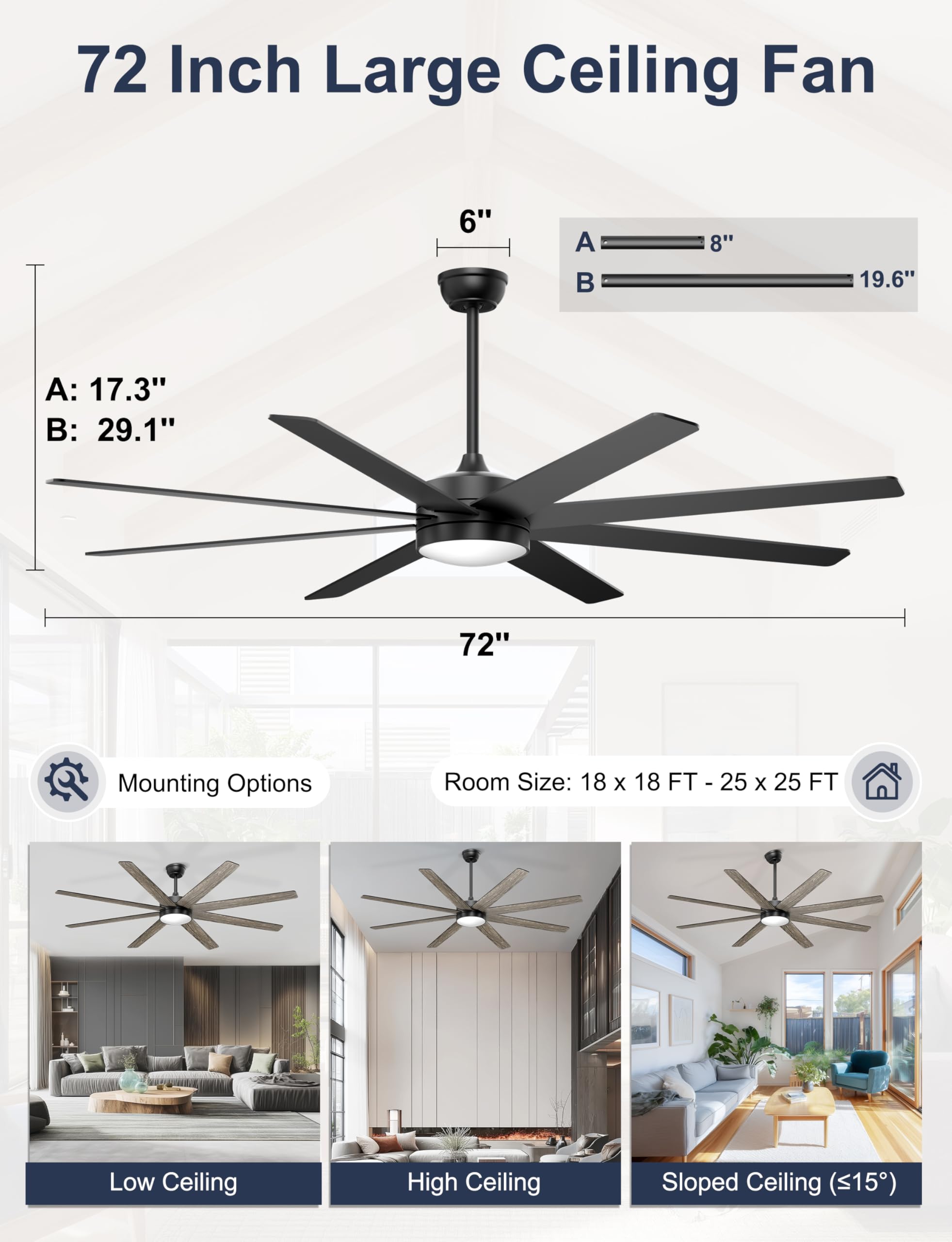 72 Large Ceiling Fans with Lights Modern Black Ceiling Fan Remote APP Control Dimmable Quiet DC Motor Big — view 3