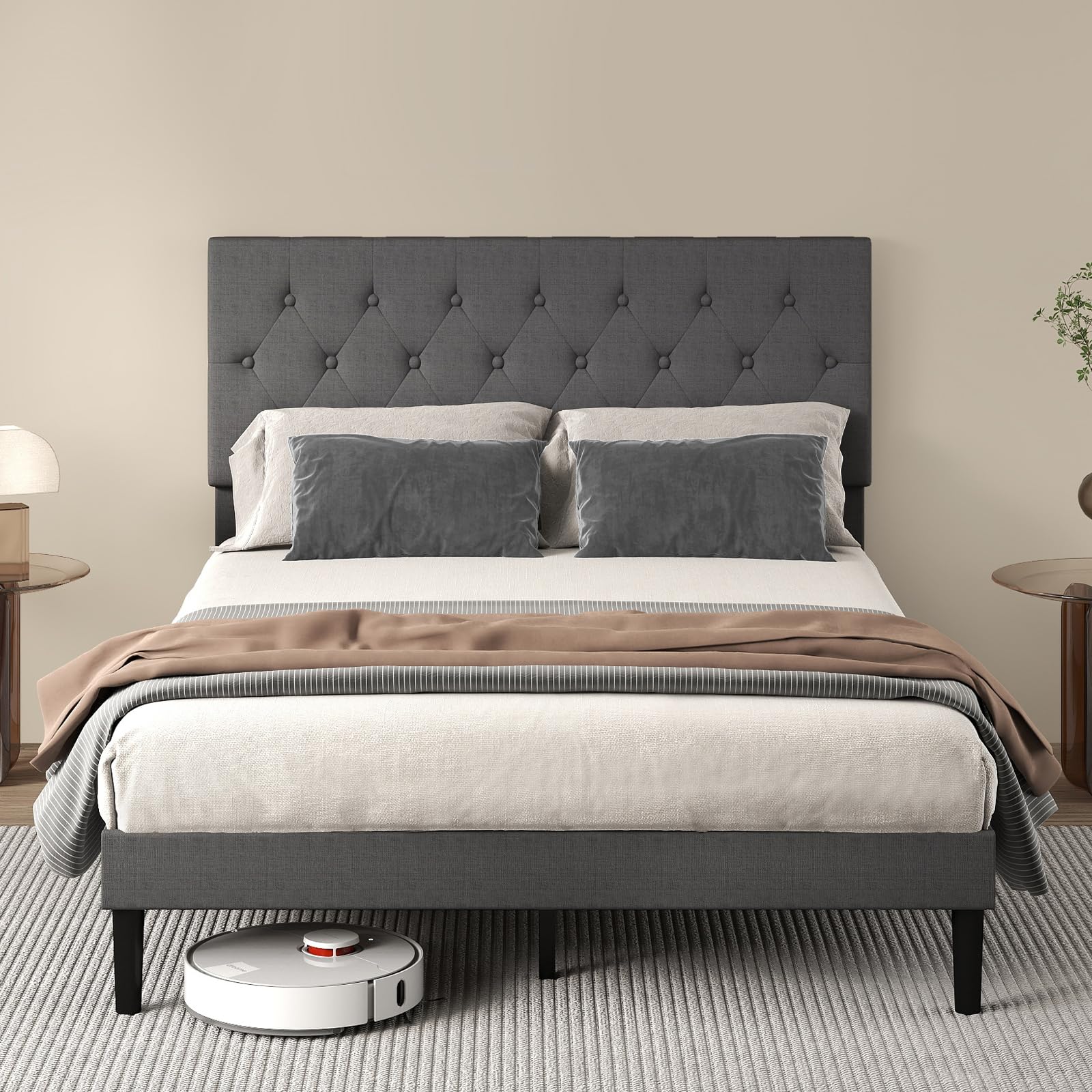 Levede Double Bed Frame with Diamond Tufted Headboard, Upholstered Platform Bed, Sturdy Wooden Slat Support, Easy Assembly, No Box Spring Needed, Dark Grey, 135x190cm โ image 1