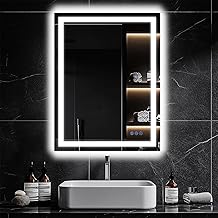Antok 24"x 32" LED Bathroom Mirror with Lights, Anti-Fog, Dimmable, Lighted Vanity Mirror with Tempered Glass, Memory Function, 3 Light Modes, Safe Use, Horizontal, Vertical, Wall Mount