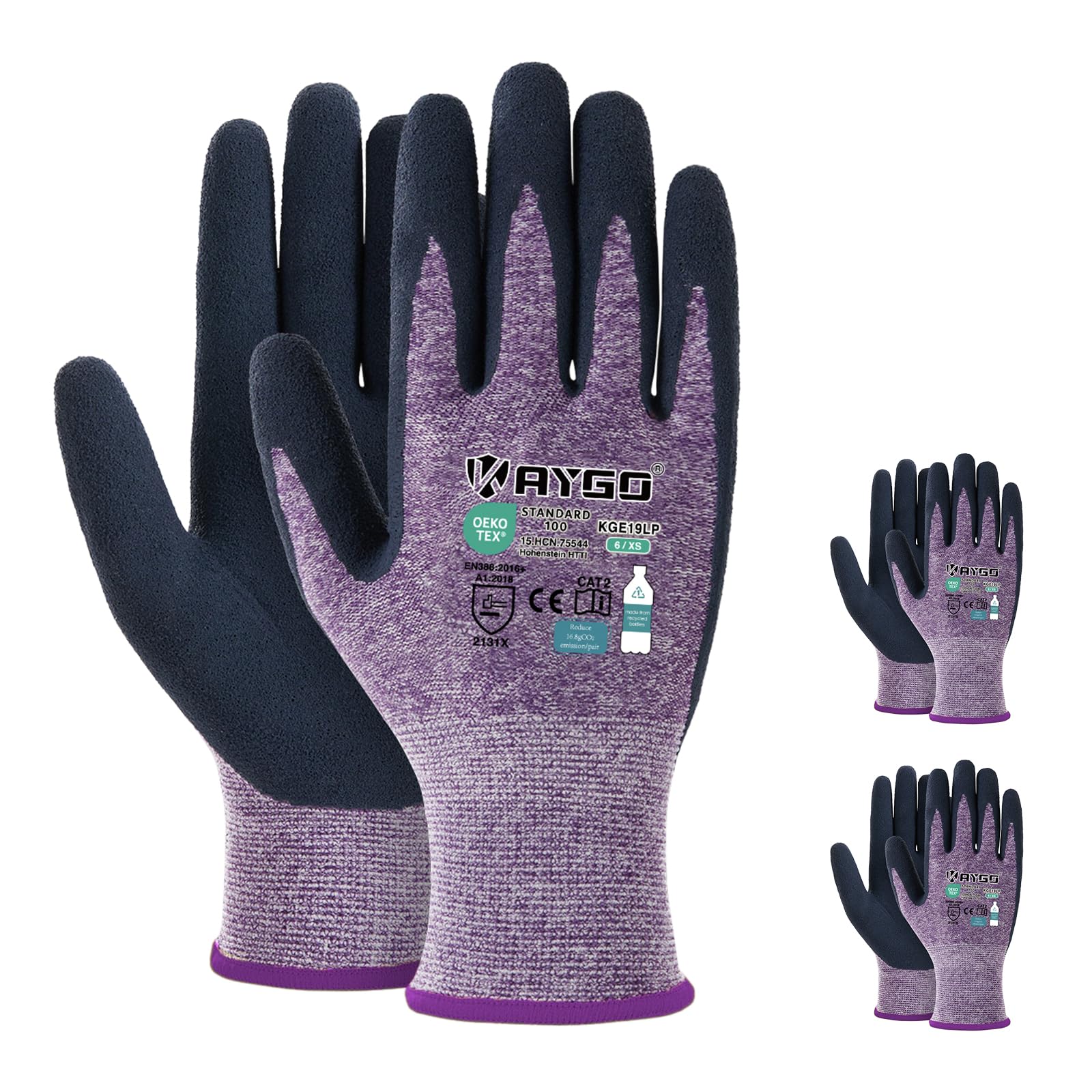 KAYGO Work Gloves for Women, Eco Friendly Safety Work Gloves with Breathable Rubber Coated, KGE19L,3 Pairs
