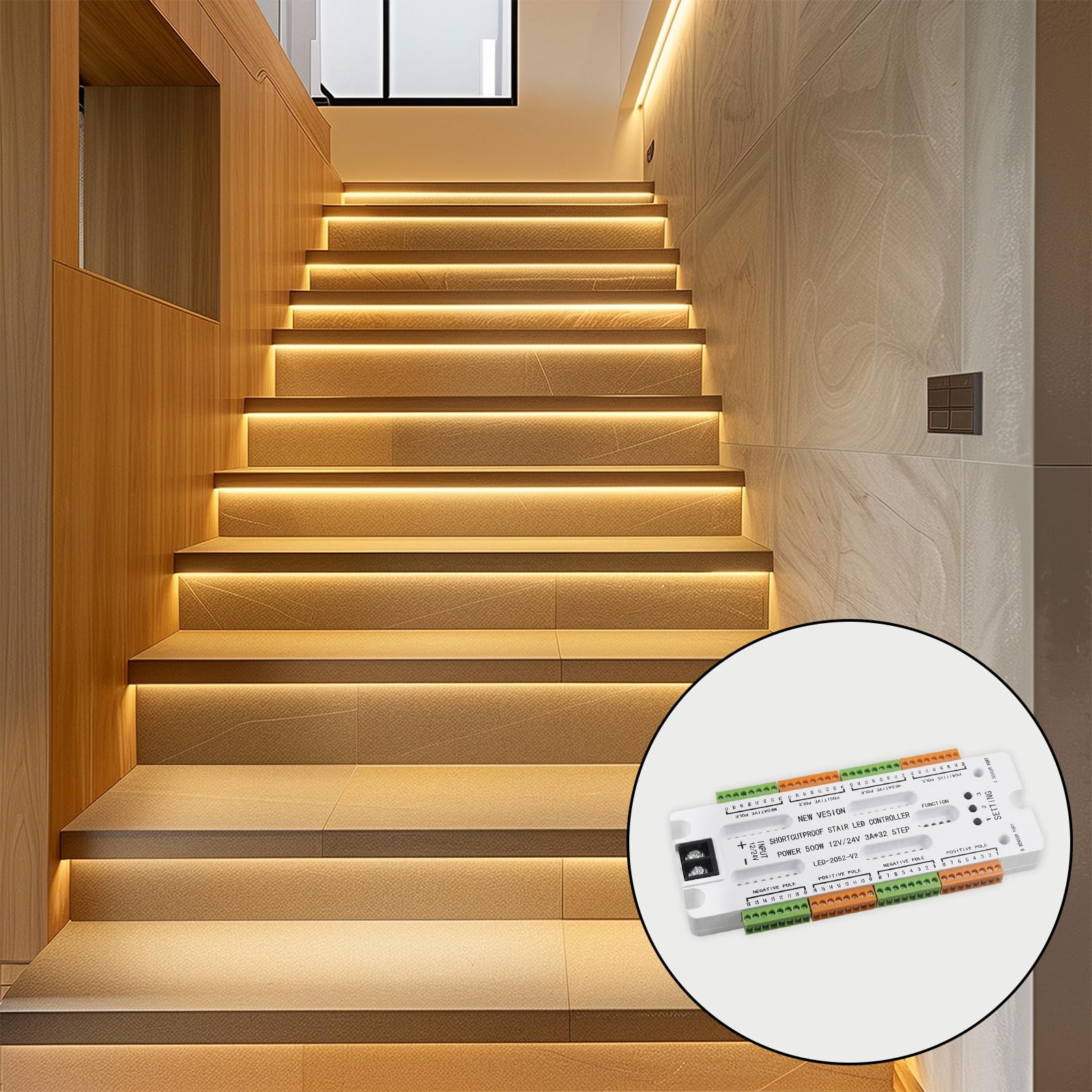 Controller Luci Scale a LED, Sensore di Movimento Controllo Automatico Luci Scale a LED, Protezione da Cortocircuito, 32 Livelli, Luminosità Regolabile per Illuminazione Interna Sotto le Scales