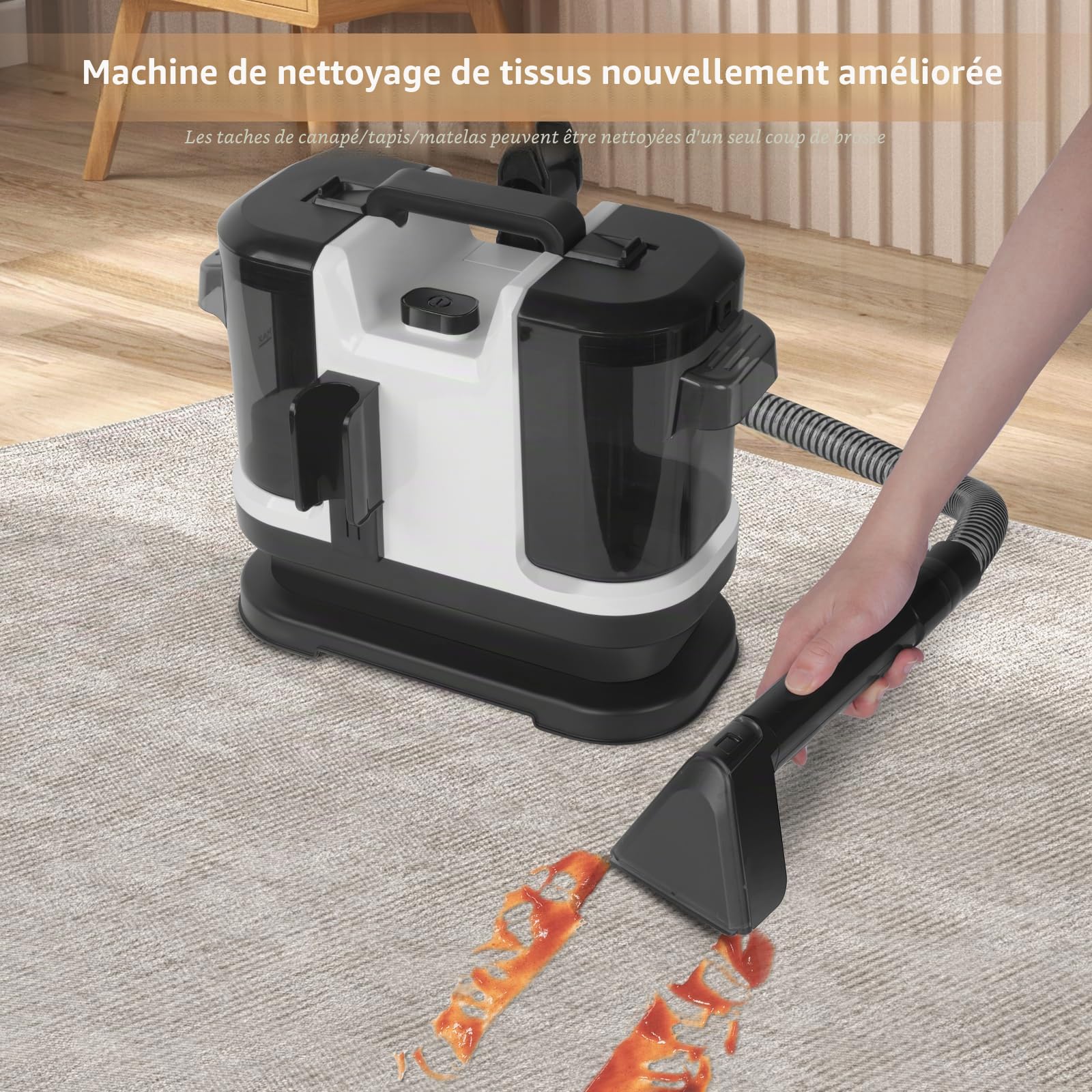 Nettoyeur de Tapis 500W, Nettoyeur Moquettes avec Double Réservoirs 1,8L+0,8L, Nettoyant pour Canapés, Tapis, Moquettes, Meubles, Tissus, Voiture
