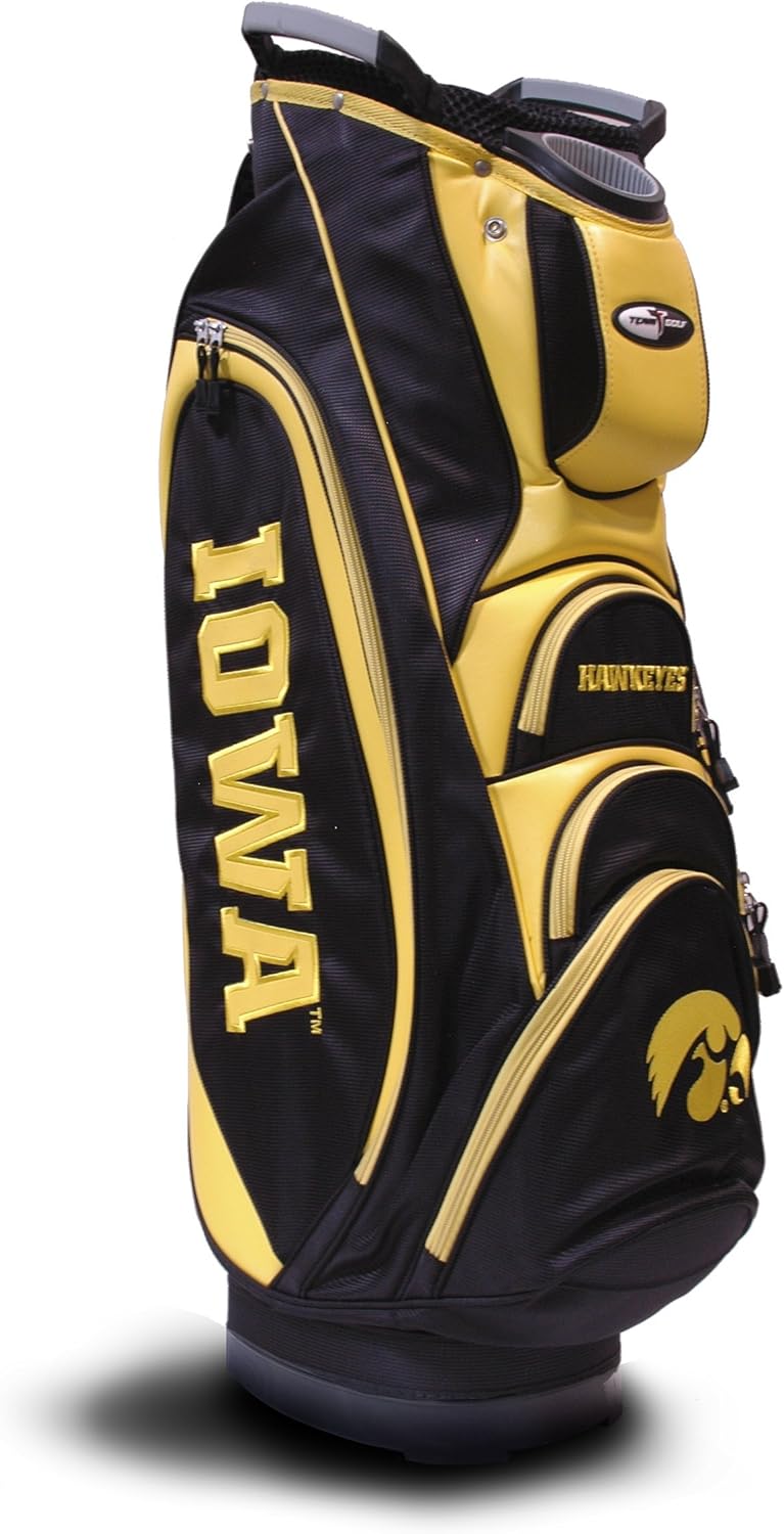 Team Golf NCAA Iowa Hawkeyes Victory Golf Cart Bag, 10-way Top with Integrated Dual Handle & External Putter Well, Cooler Pocket, Padded Strap, Umbrella Holder & Removable Rain Hood