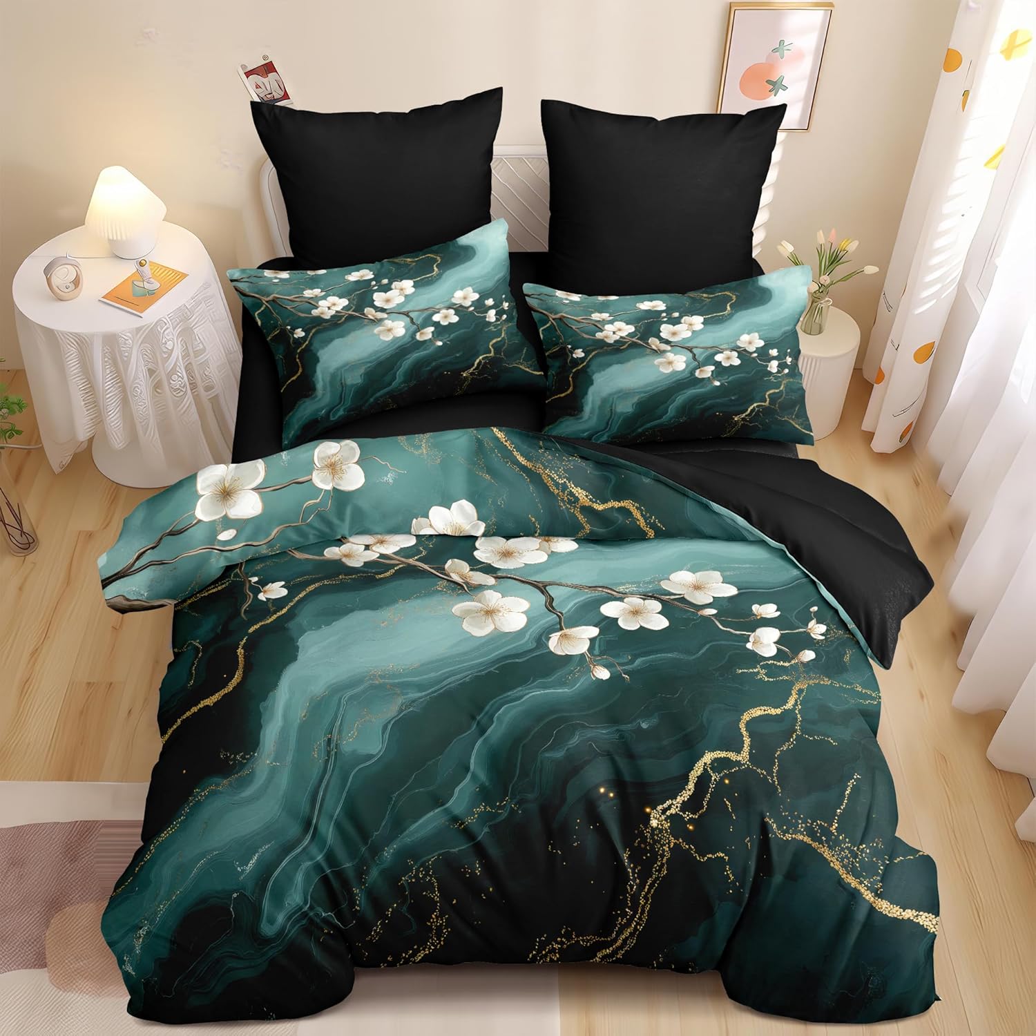 Marble Comforter Set King Size Teal Marble White Floral Comforter Textured Abstract Spring Floral Soft Breathable Microfiber Cottagecore Bedding Set 3 Pcs for Bedroom Decor