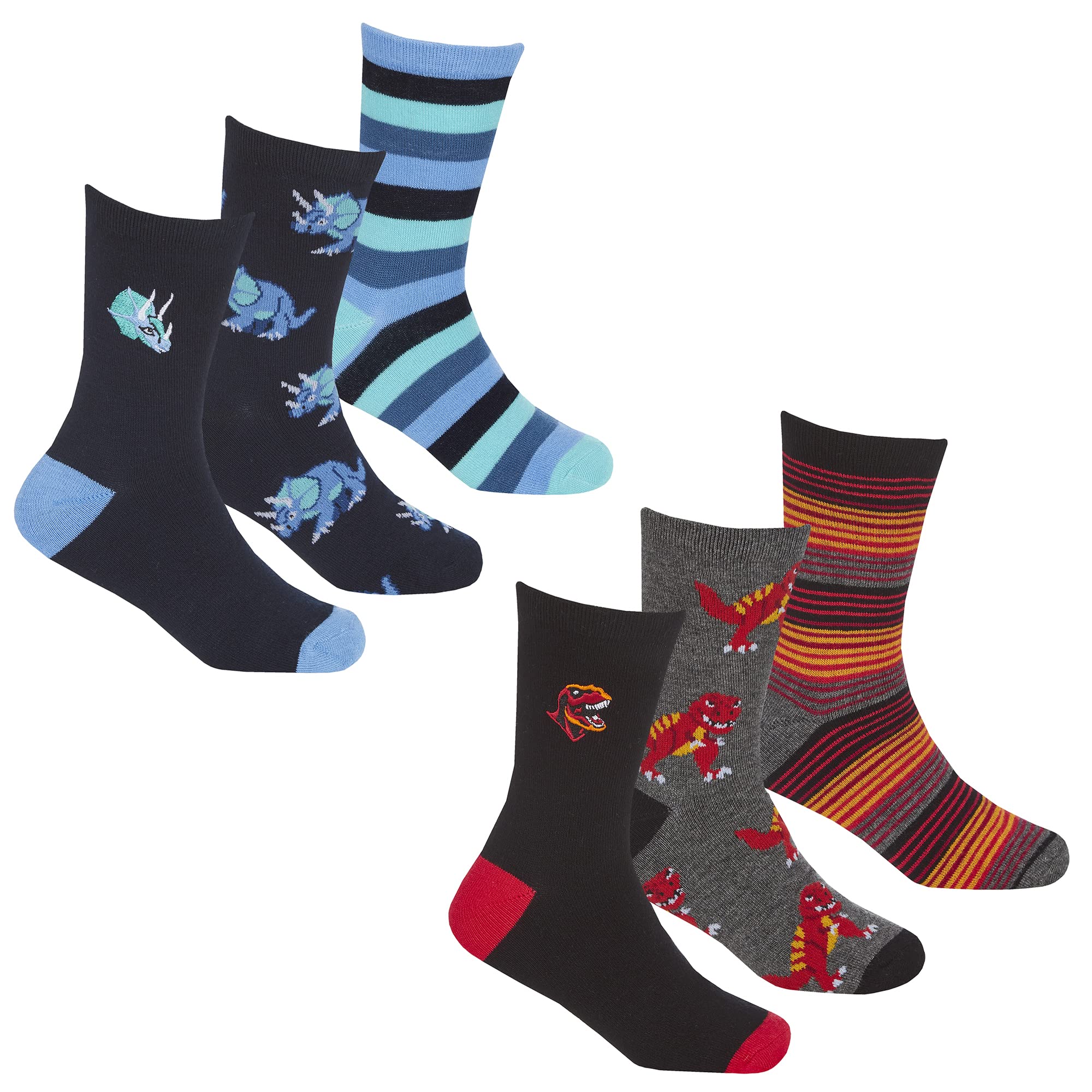 Metzuyan 6 Pairs Boys Childrens Soft Bamboo Socks Embroidered T-Rex Mid Calf Novelty Dino Dinosaurs Printed Socks Red Blue 12.5-3.5