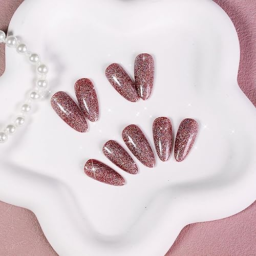 Miniatura 2 de Uñas postizas a presión negras con purpurina, uñas postizas medianas de almendra a presión, uñas postizas brillantes iridiscentes acrílicas con