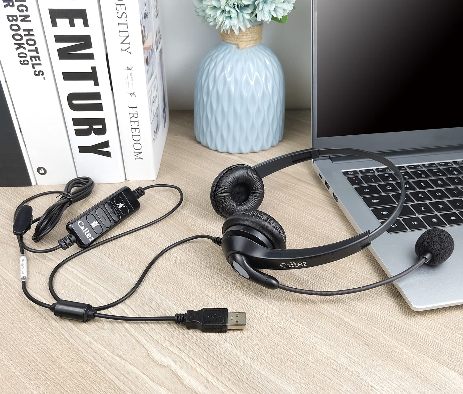 Callez Cuffie USB con microfono per laptop, cuffie regolabili per computer, con cancellazione del rumore, lunghezza 2 m, con controlli in linea, per Skype Zoom, casa, ufficio, affari, MS Teams