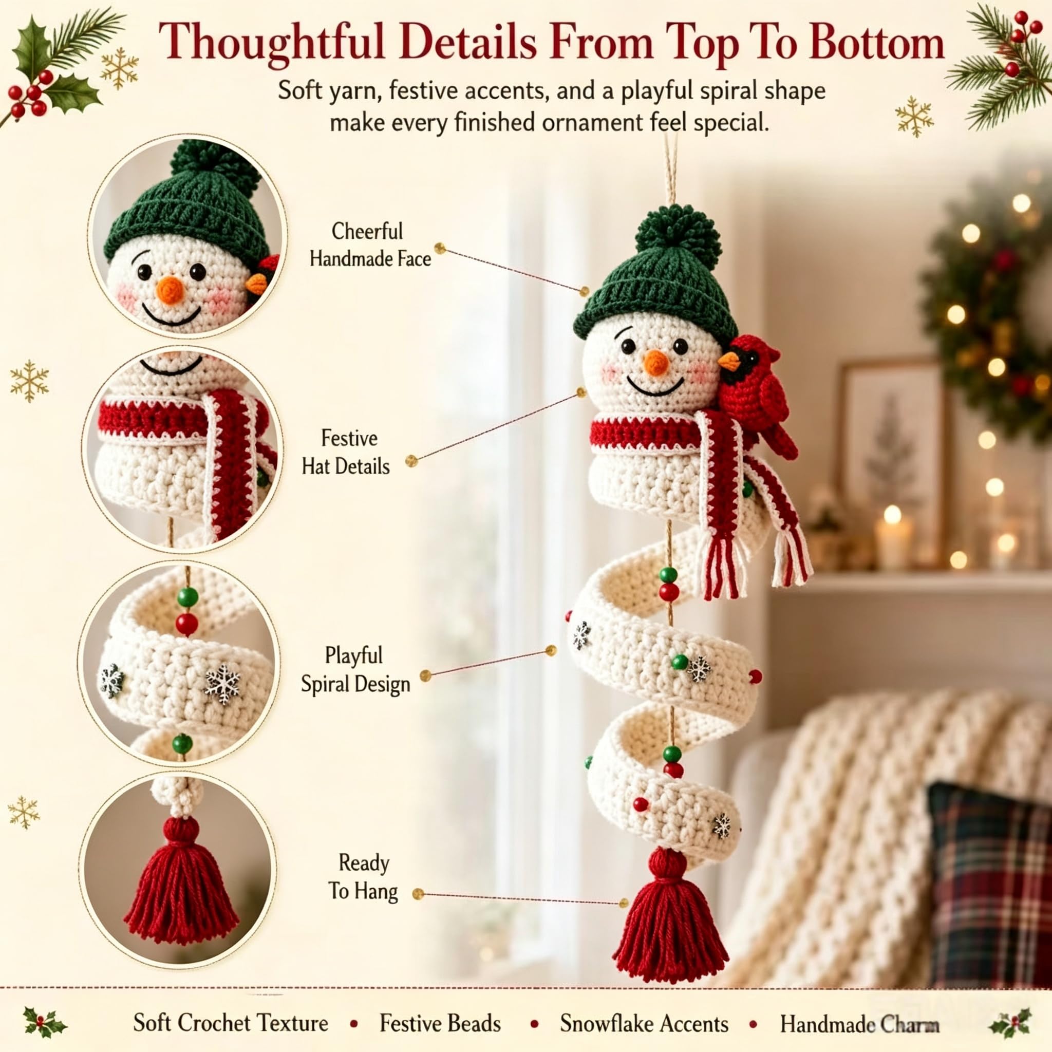 Gehäkeltes Schneemann-Spiral-Ornament-DIY-Set, alle Materialien zur