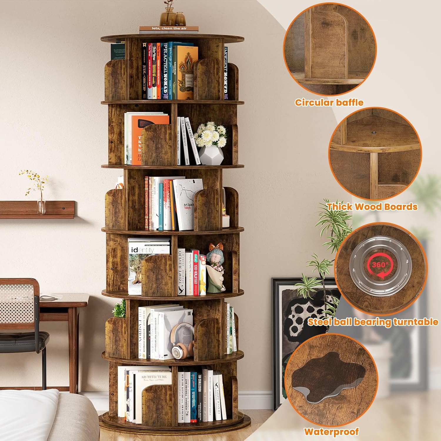 Besiost Rotating Bookshelf Tower, 6 Tier Spinning Bookcase, Revolving 360 Book Shelf Narrow Tall Bookcase, Vertical Turning Round Bookshelf Organizer, Corner Bookshelf for Small Space, Rustic Brown