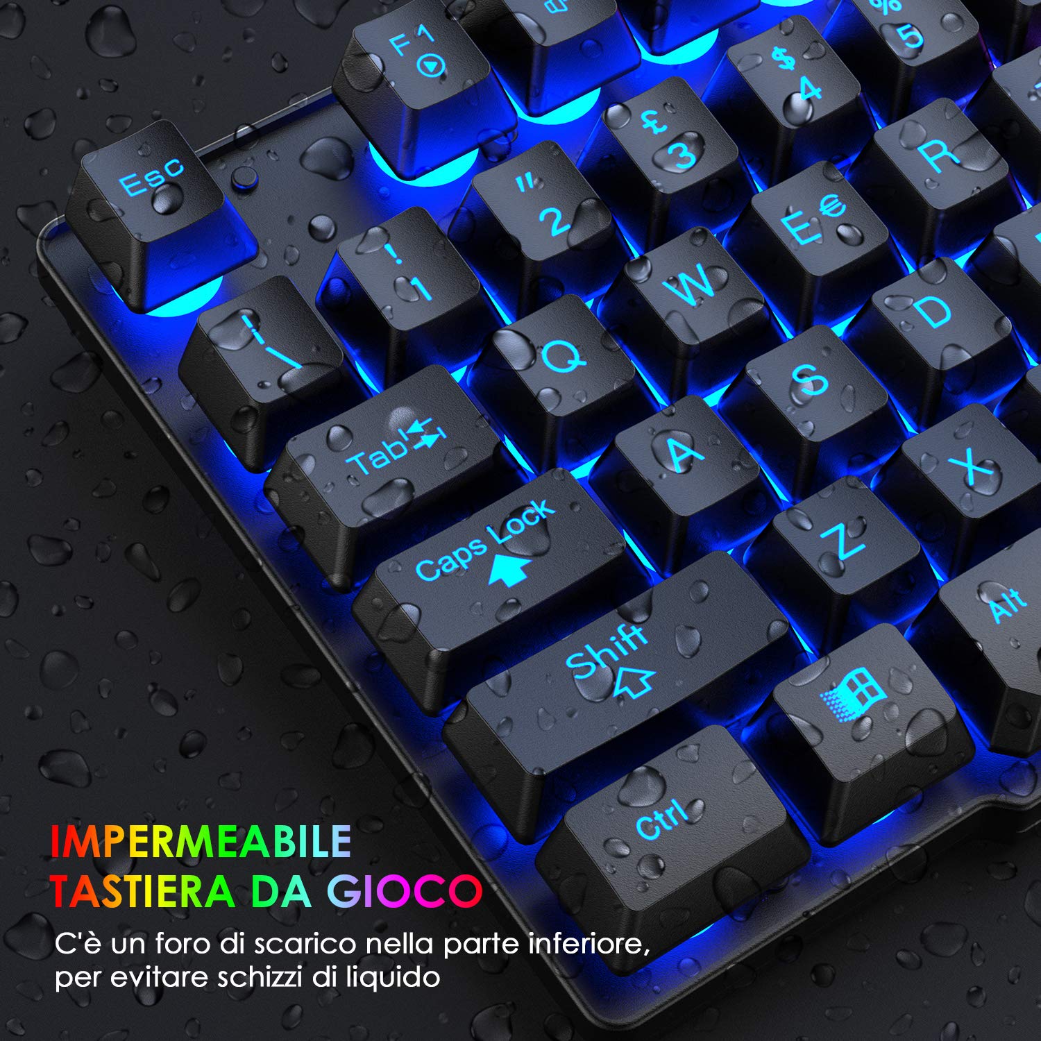LexonElec T13 Nero IT Layout QWERTY Tastiera e Mouse da Gioco, USB Cablato Retroilluminato LED RGB Arcobaleno 19 tasti non conflittuali, 6 Tasti 2400 DPI colorato Mouse, per Laptop PC Linux PS4 Xbox