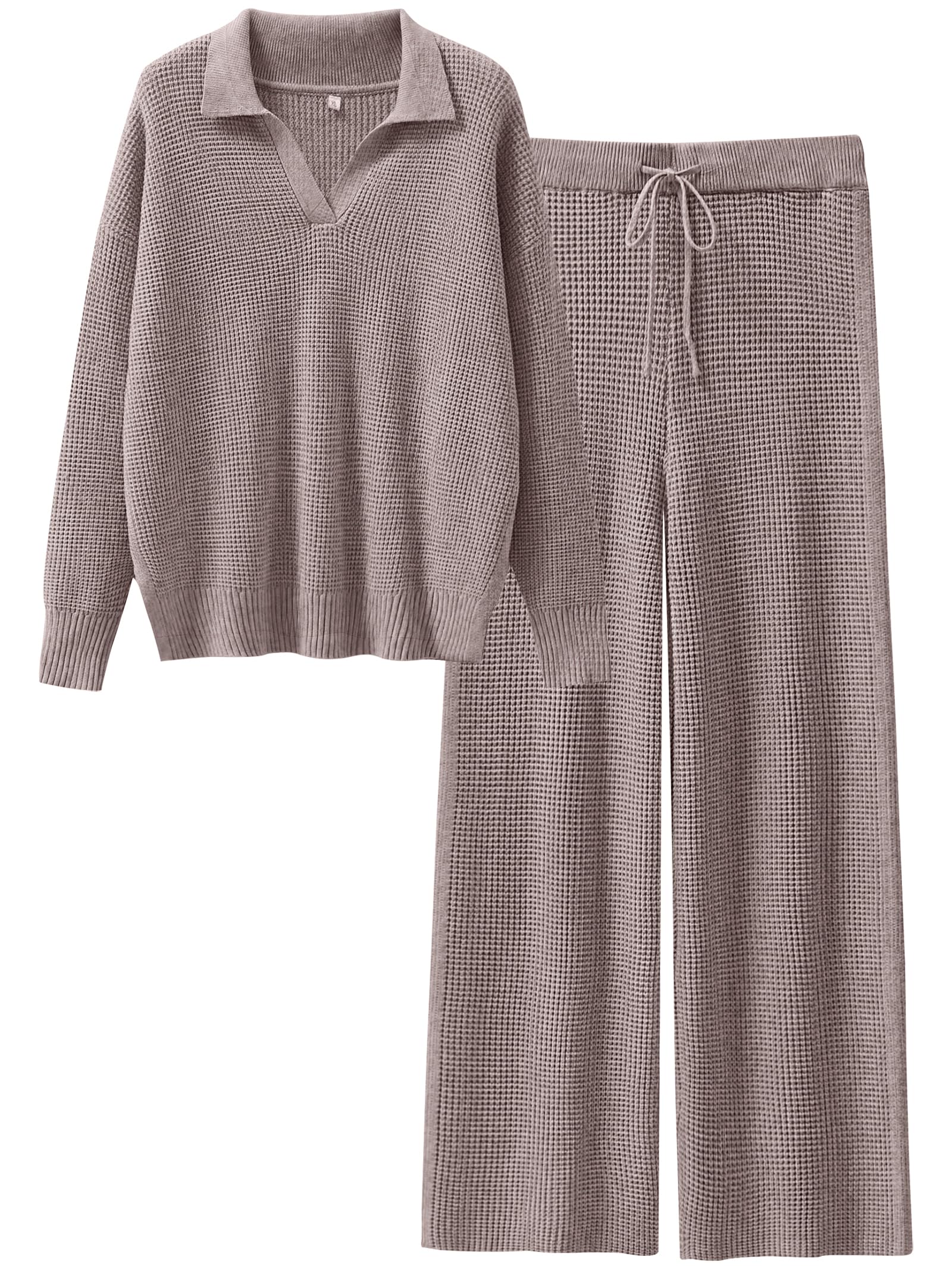 ANRABESS Women Two Piece Outfits Sweater Sets Lounge Waffle Knit Pullover Matching Wide Leg Pants Tracksuit 2025 Fall