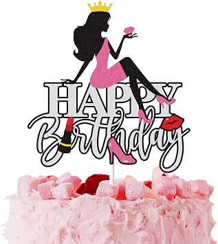 Rose Gold Sitting Girl Happy Birthday Cake Topper Pink Silver Glitter Lady Spa Themed Party Cake Decorations Supplies for Makeup Crown High Heel Silhouette Queen Sexy Girls Party