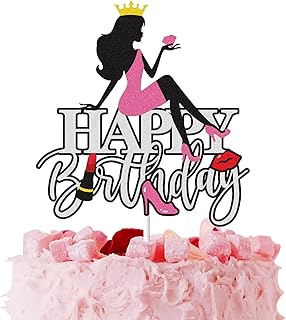 Rose Gold Sitting Girl Happy Birthday Cake Topper Pink Silver Glitter Lady Spa Themed Party Cake Decorations Supplies for Makeup Crown High Heel Silhouette Queen Sexy Girl's Party