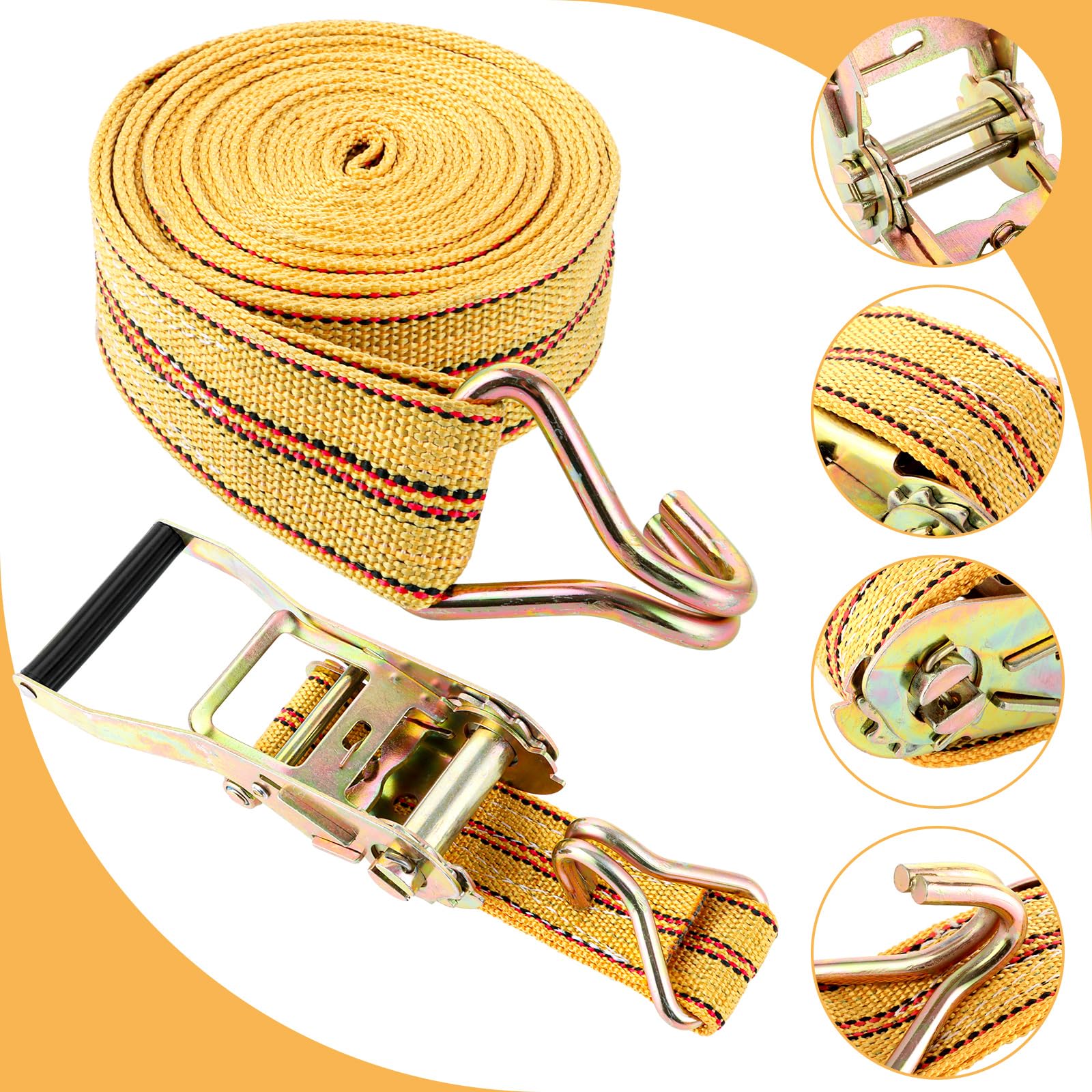 SENENQU 4 Pezzi Cinghie a Cricchetto 6 m X 50 mm, Cinghie di Fissaggio Gialle in Polipropilene con Ganci a J, Nastro di Serraggio 2 Tonnellate per Auto Moto