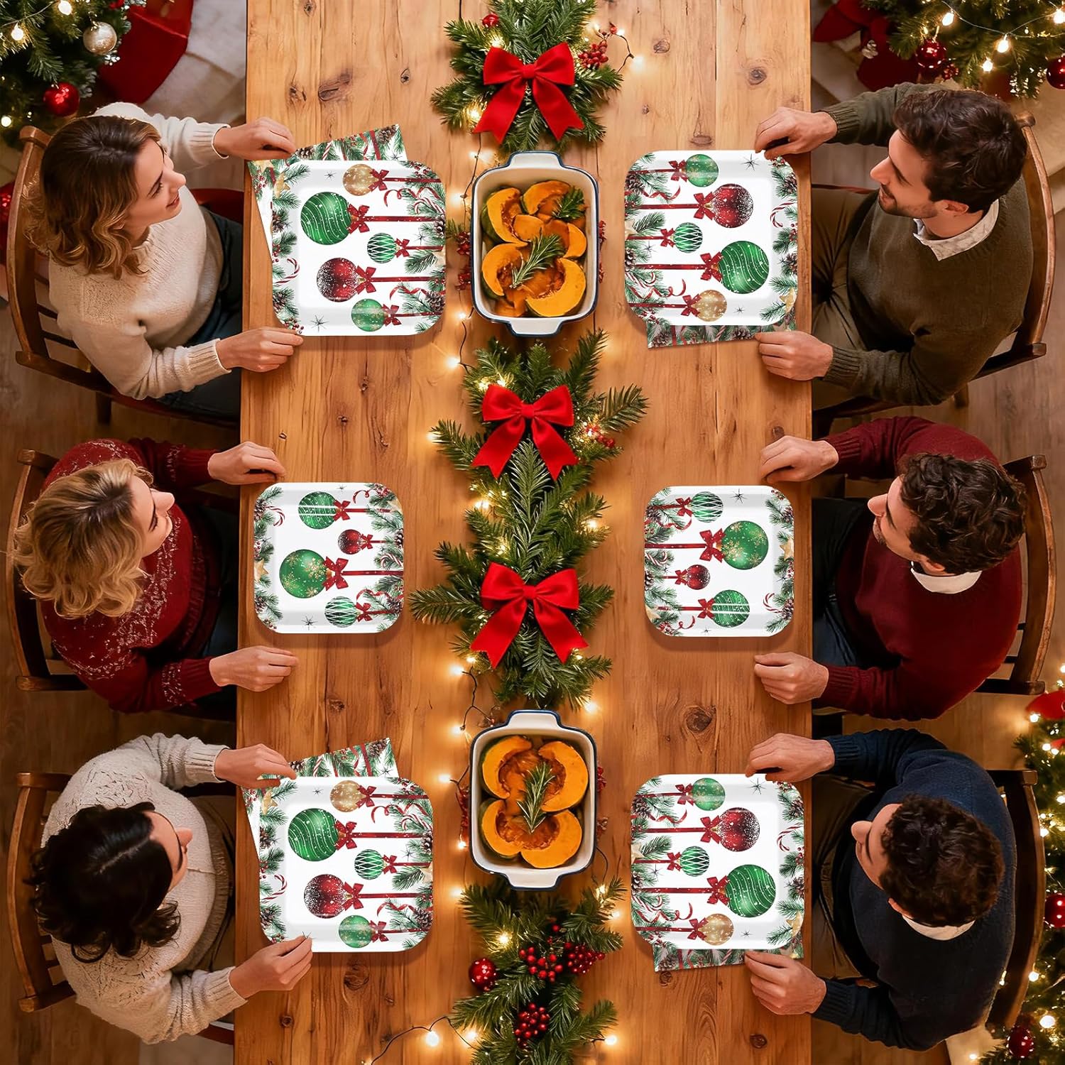 200Pcs Christmas Paper Plates and Napkins Sets Red Green Balls Square Plates Disposable Christmas Balls Dinner Tableware Set for Xmas Winter Holiday New Year Party Decorations, Serves 50