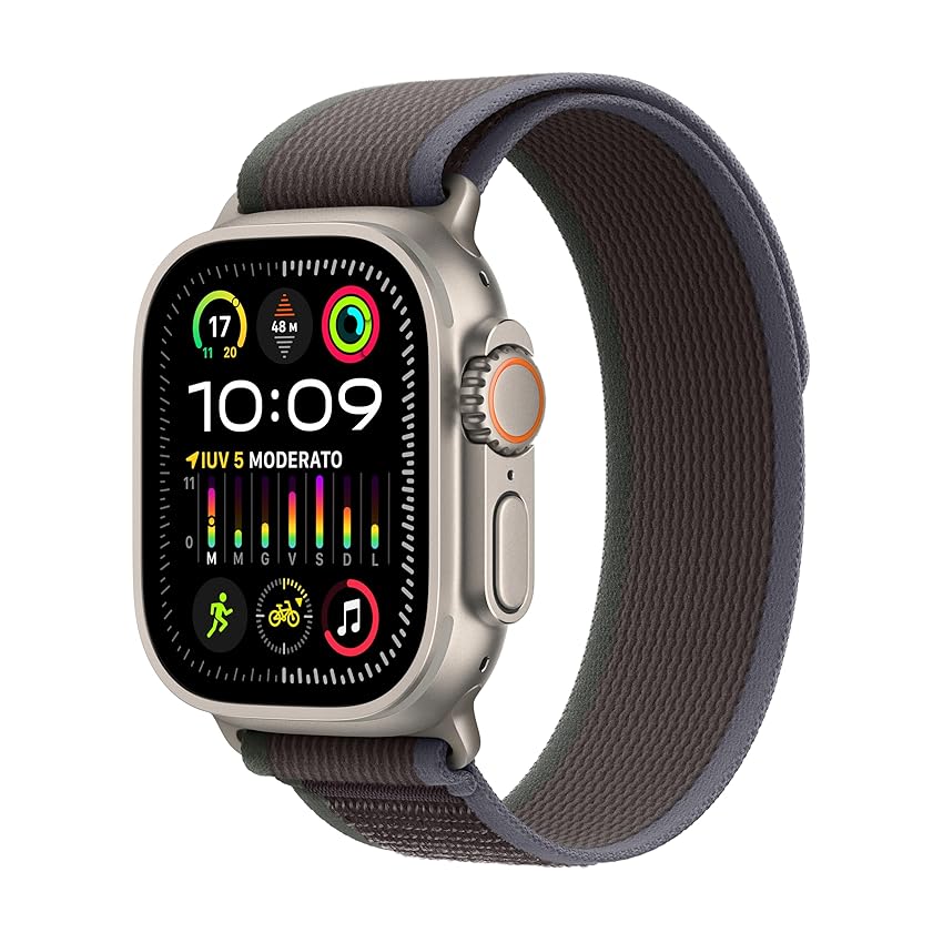 Immagine del prodotto Apple Watch Ultra 2 GPS + Cellular 49mm Smartwatch con robusta cassa in titanio e Trail Loop blu/nero - M/L. Fitness tracker, GPS di precisione, tasto Azione, batteria a lunghissima durata
