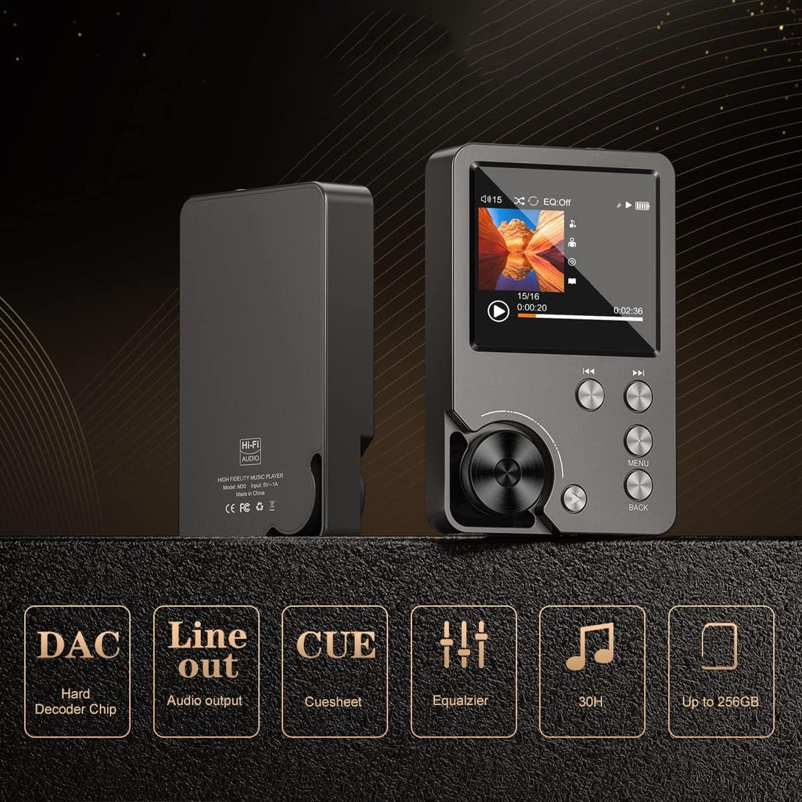 Hi Res MP3 Player, DSD 128 FLAC DAC Hochauflösender Verlustfreier Audio Player mit 64GB Speiche 2.0-Zoll-LCD-Display, Tragbarer MP3 Musik Player Unterstützt bis zu 256 GB