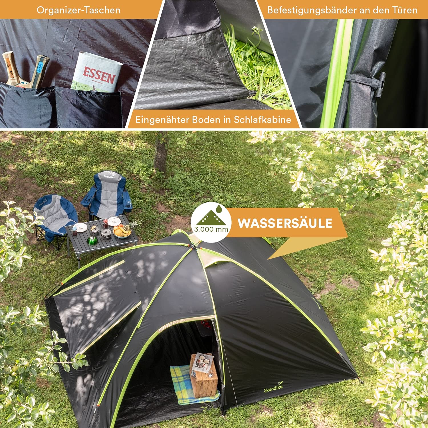 Skandika Zelt 4 Personen Vaasa | Campingzelt, Festivalzelt, wasserdicht, 3000 mm Wassersäule, Silberbeschichtung, 2 Eingänge, dunkle Kabine, 195 cm Stehhöhe | Kuppelzelt für Camping, Festival, Urlaub