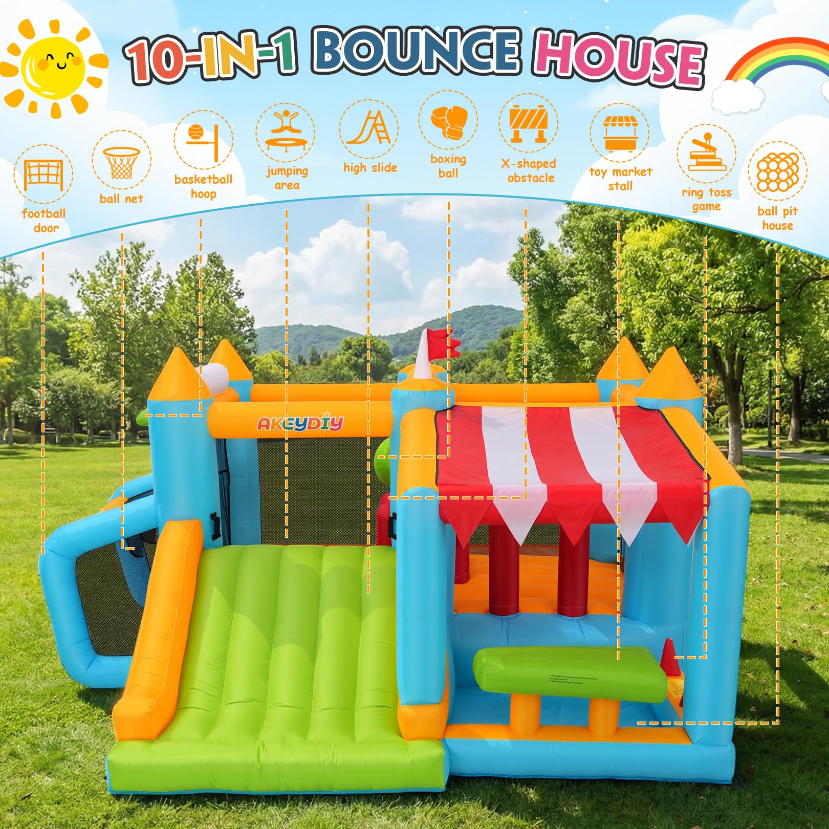 Castello saltante per bambini dai 3 ai 10 anni, castello gonfiabile 10 in 1, per giardino, con scivolo, stand del mercato, area di salto, percorsi di ostacoli e giochi con palla, per feste in giardino