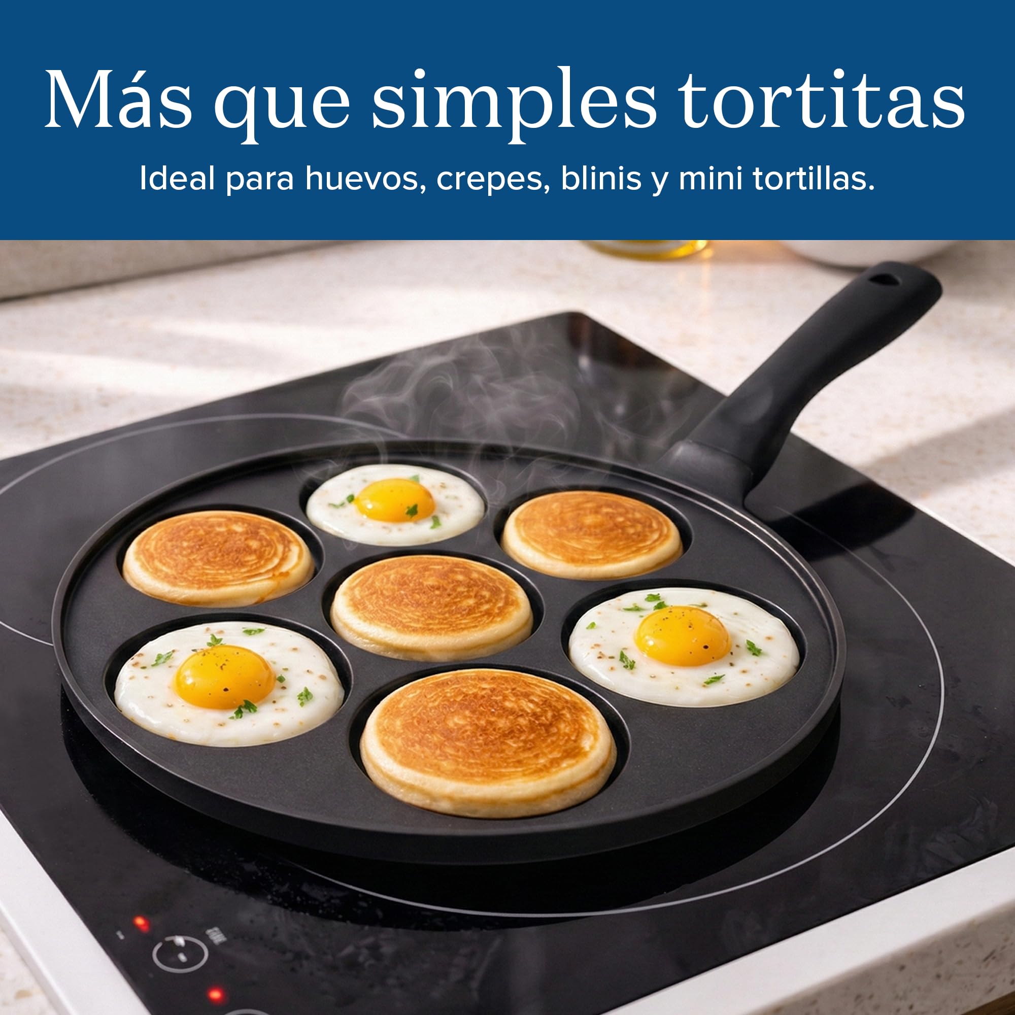 joeji's Kitchen Sarten Tortitas Crepes de 7 Agujeros 26.5cm - Frigideira Panquecas - Molde Crepes Antiadherente - Induccion Compatible - Fácil de limpiar - Perfecto para huevos tortillas y más
