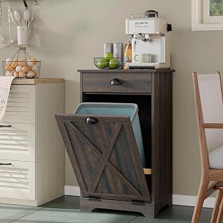 Furniouse Single Tilt Out Trash Can Cabinet with Drawer, 10 Gallon Wood Garbage Cabinet for Kitchen, Dark Brown - Amazon product rated Grade B