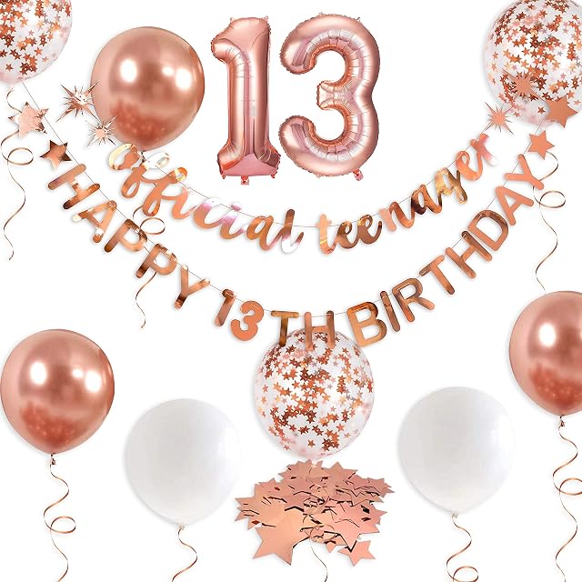 Rose Gold 13th Birthday Decorations Number 13 Circle Dot Twinkle Star Banner Garland Metallic Hanging Streamer Bunting for Thirteen Official Teenage Girls 13 Years Old Birthday Balloon Party Supplies