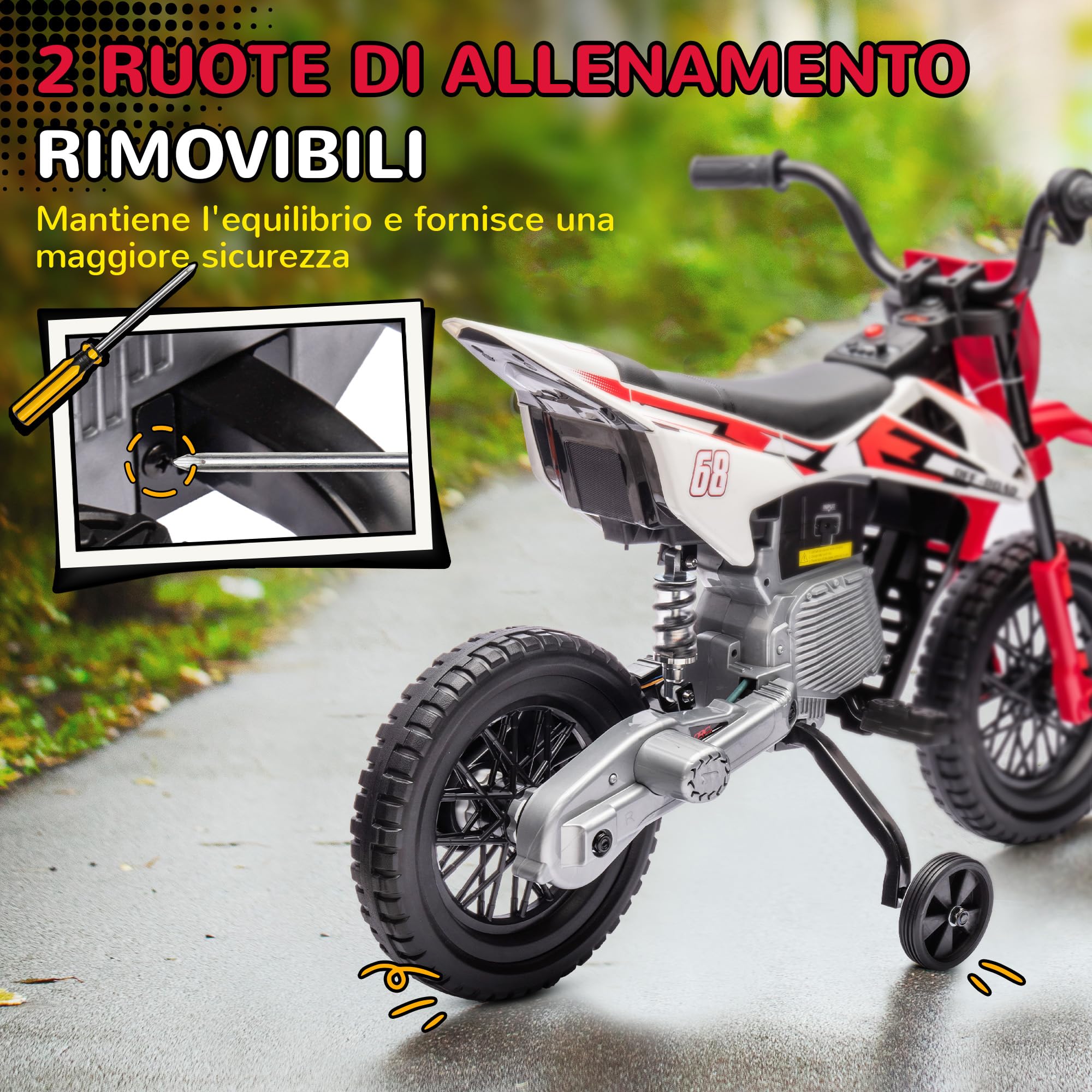 AIYAPLAY 12V Moto Elettrica per Bambini 3-6 Anni con 2 Motori e Acceleratore Manuale, Mini Moto Cross per Bambini con Sospensione, Ruote Rimovibile, Indicatore di Carica, Suoni, 2.4-5km/h, Rosso