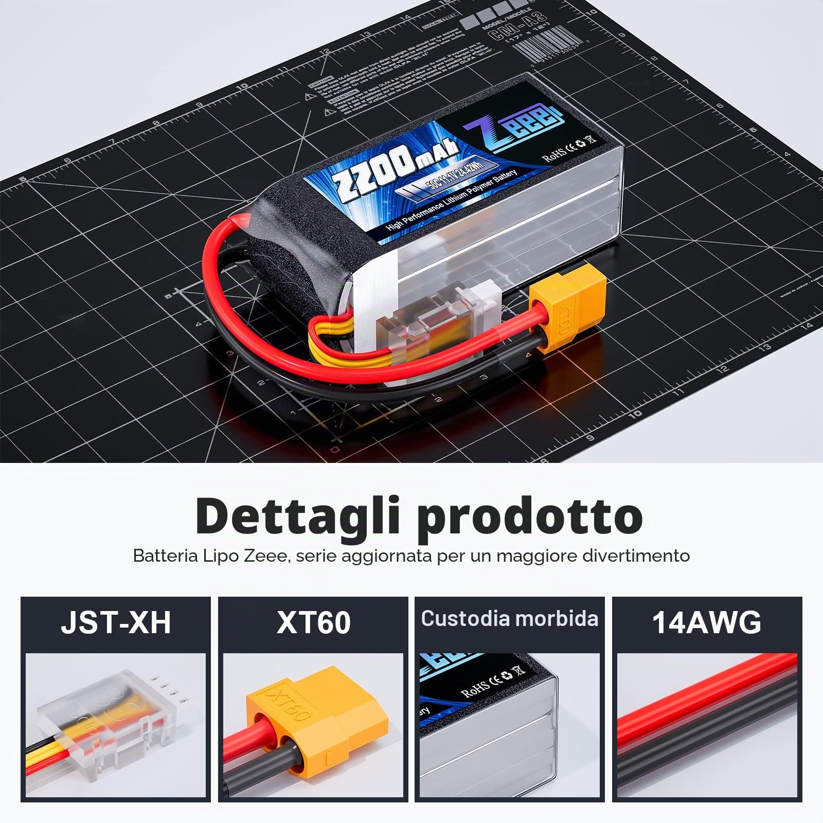 Zeee 3S Lipo 11,1V 50C 2200mAh Batteria RC corta con spina XT60 per RC Auto Camion Veicoli RC Barca Drone Aereo RC Quadcopter Elicottero FPV Modelli Hobby da corsa (2 pezzi)