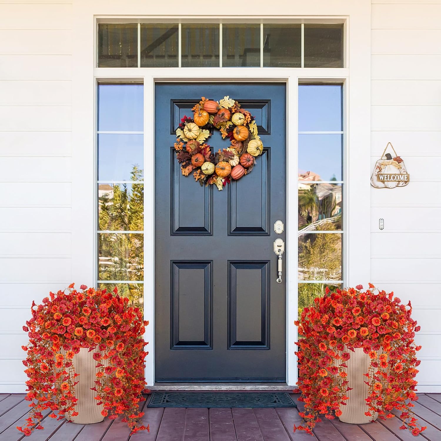 Artificial Fall Hanging Flowers for Decoration, 2pcs Long Vine Fake Flowers Plants Morning Glory, Realistic Faux Petunias for Planter Patio Porch Garden Autumn Outdoors Dec, Orange Red - Image 4