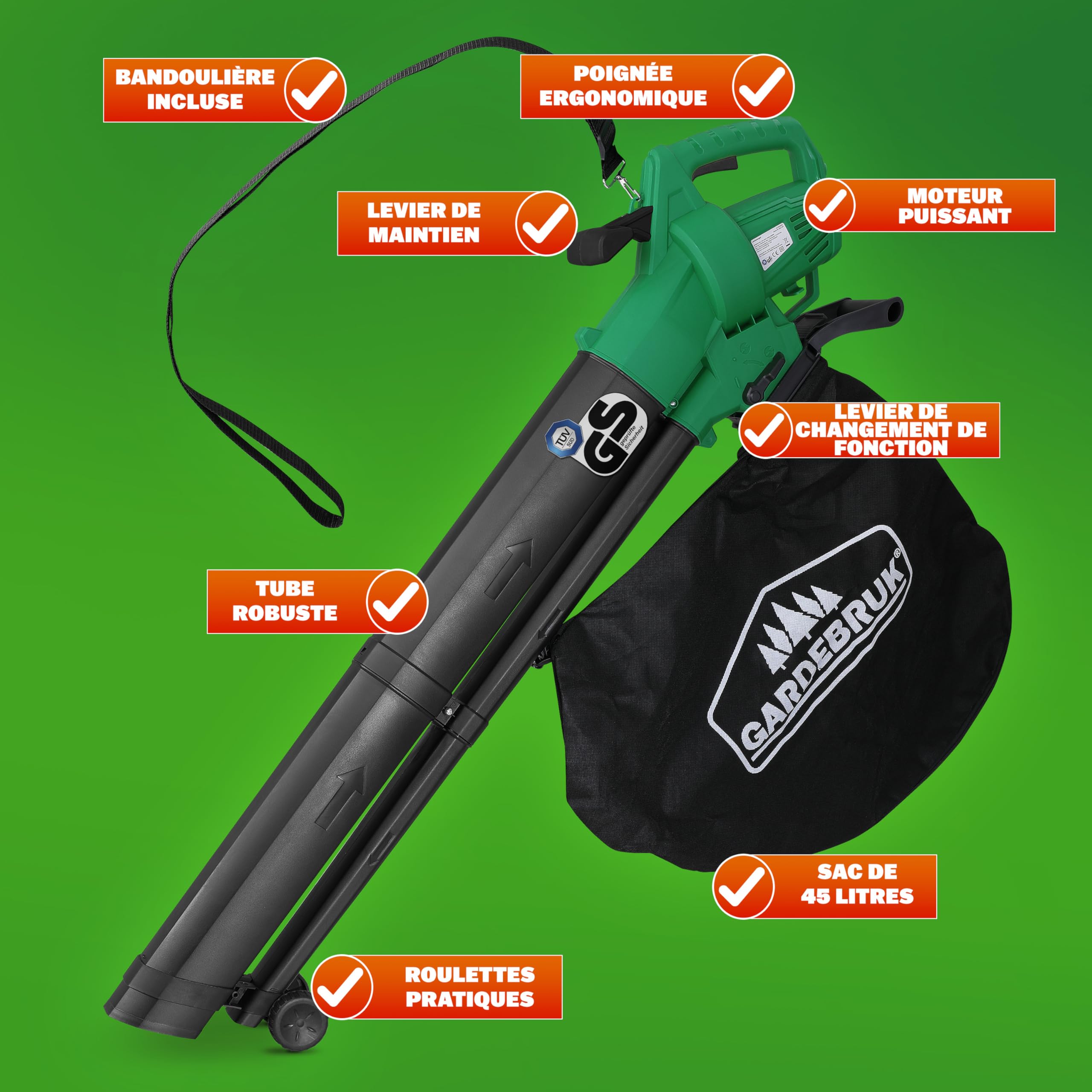 GARDEBRUK® Aspirateur Souffleur Broyeur Électrique 3en1 3000W 270 km/h Bac 45L