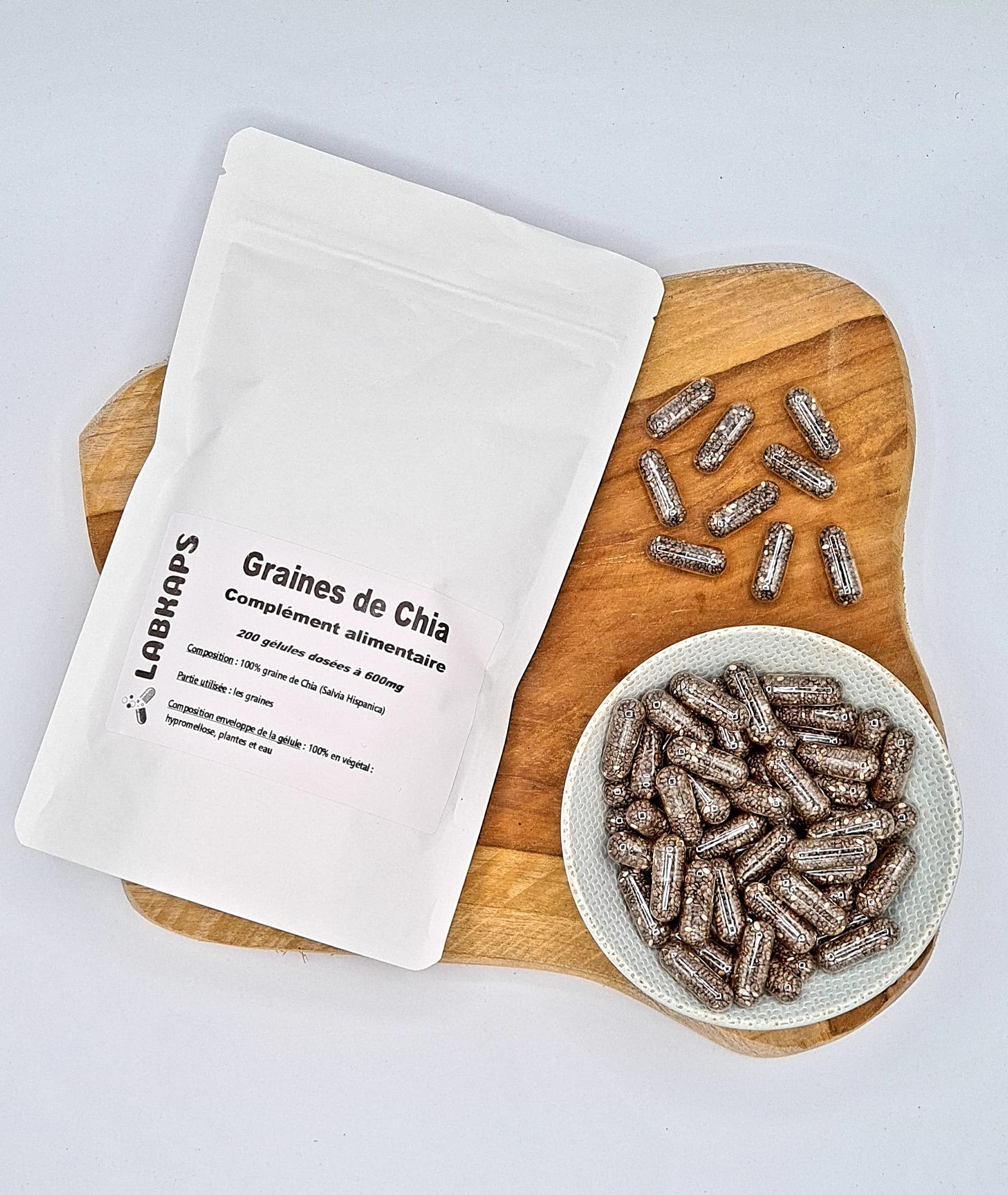 Graines de Chia 200 gélules dosées à 600mg enveloppe 100% végétale - complément alimentaire