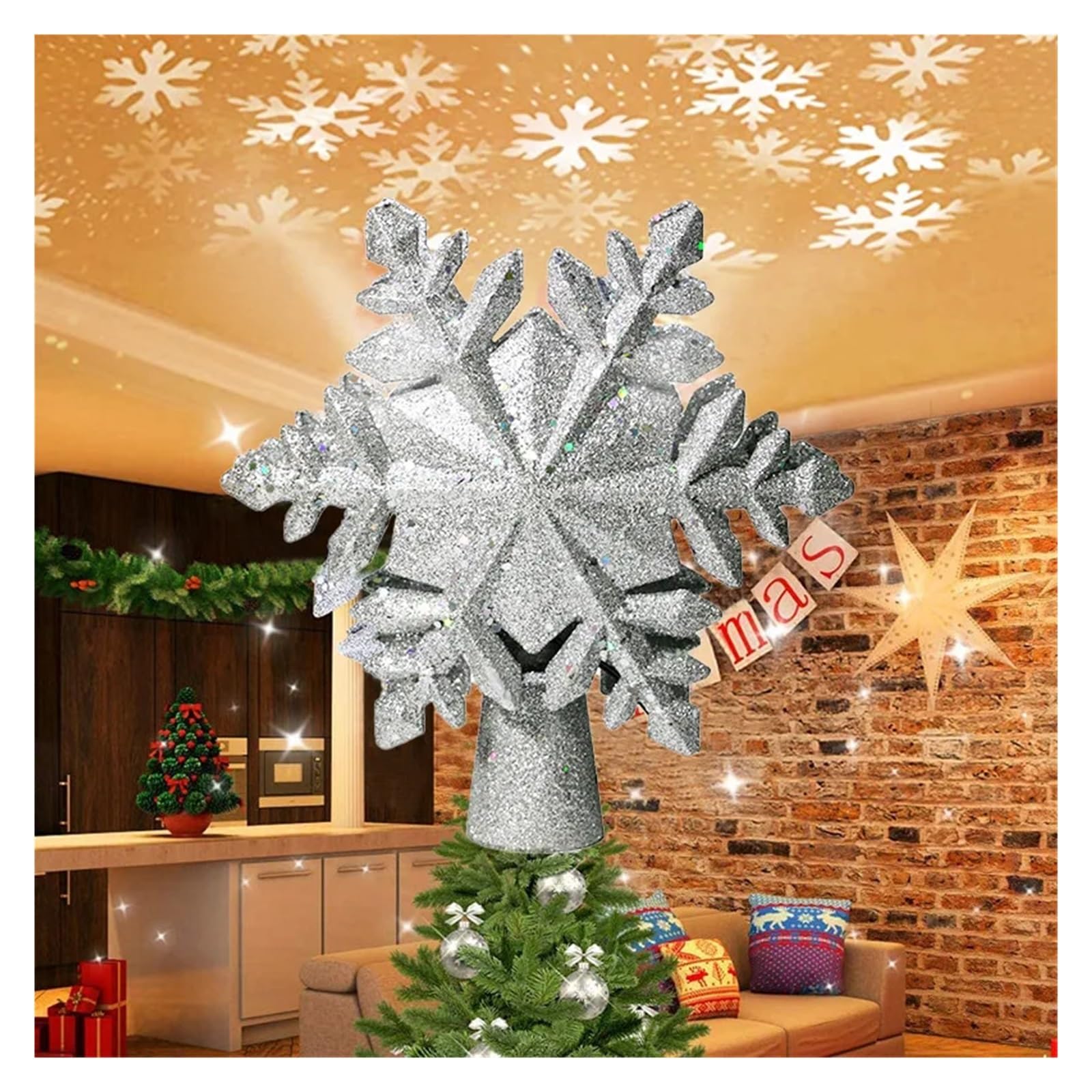 Bakaji Oplichtende ster top met spel sneeuwvlokken op reflecterende deken, hoogte 26 cm, decoratie kerstboom topper, kerstdecoratie met glitter (zilver