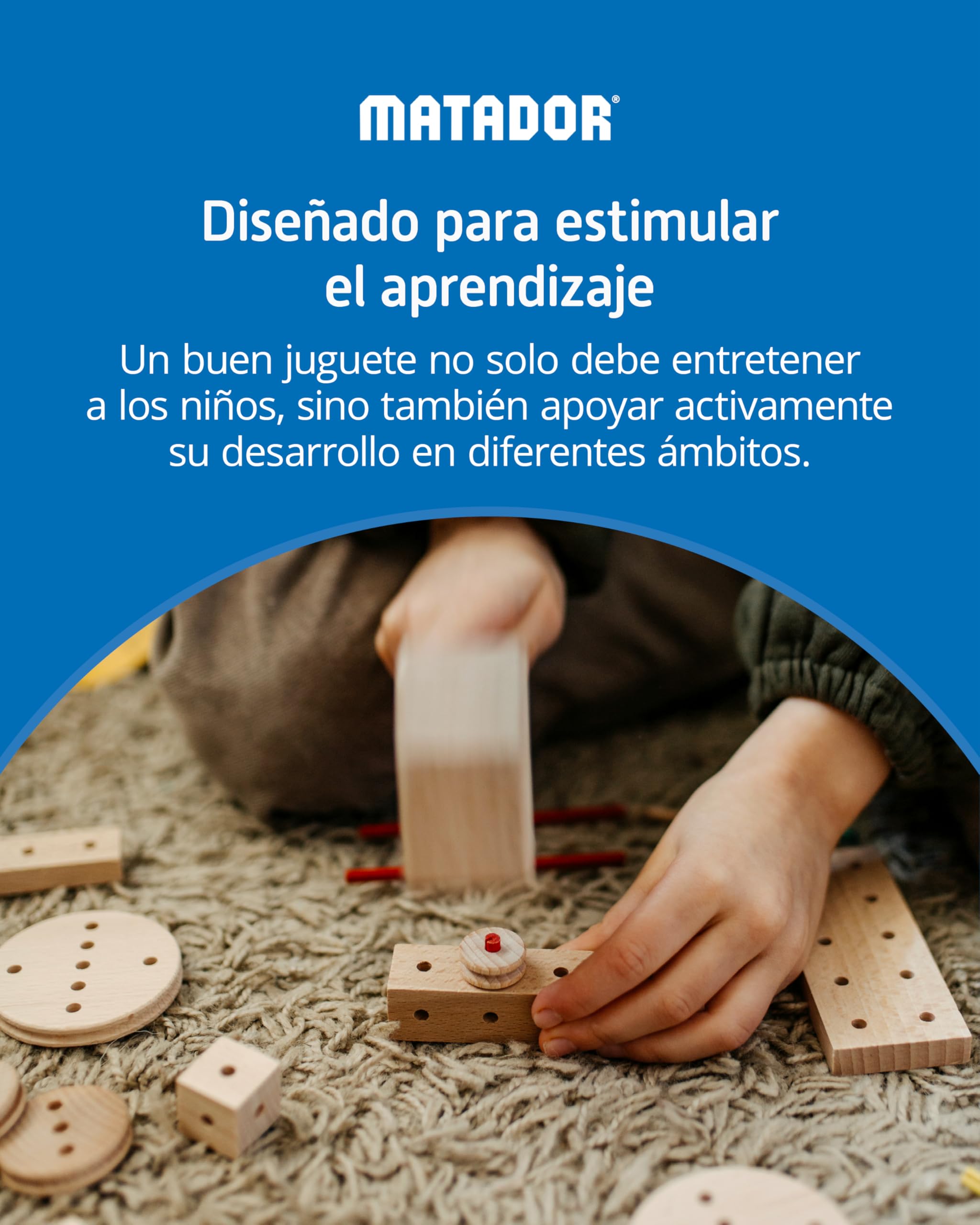 Matador Set de Construcción para Niños Desde 5 Años – 318 Piezas | Juego de construcción en Madera Atractivo para fomentar Creatividad y motricidad Fina, con Varillas, Bloques, Martillo y Pinza
