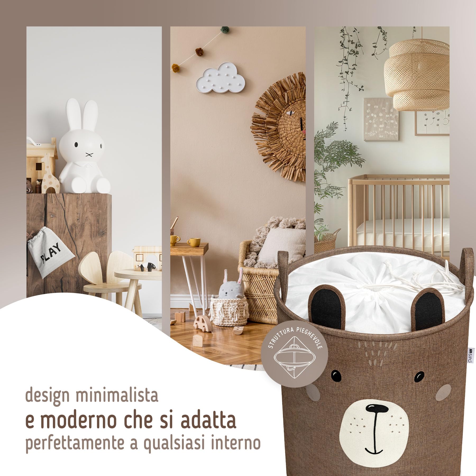 SIPO Cestino giocattolo Premium, XXL 63 l, marrone Bear, organizer pieghevole con coulisse, impermeabile, maniglie, design scandinavo