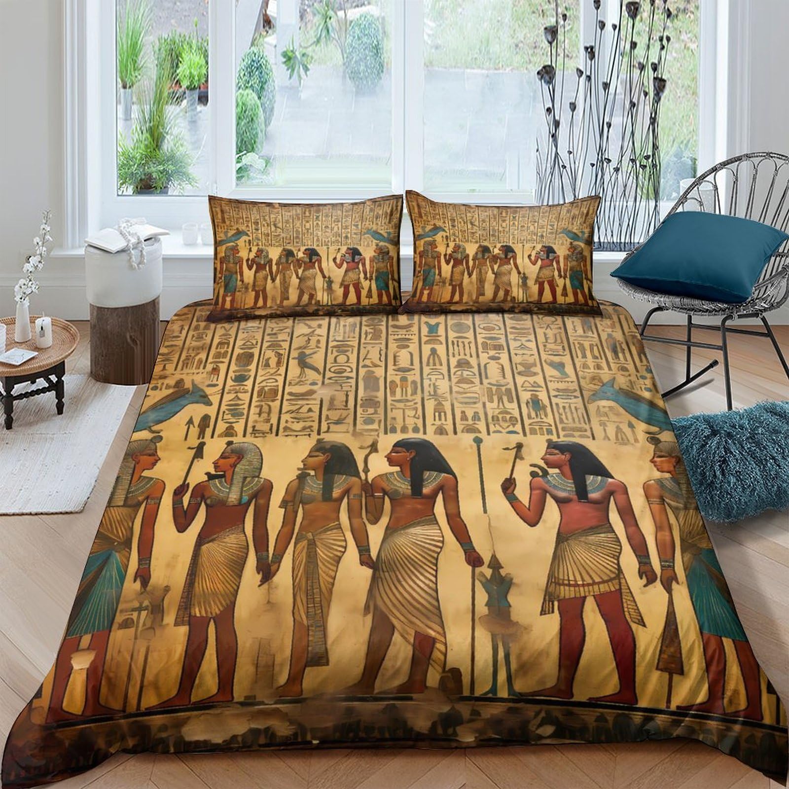 P5V6M1Q9 3D Printed Egyptian Hieroglyphics Duvet Cover Microfiber Soft Breathable Ancient Egypt Bedding Set with 2 Pillowcases for Bedroom Decor Single（135x200cm）