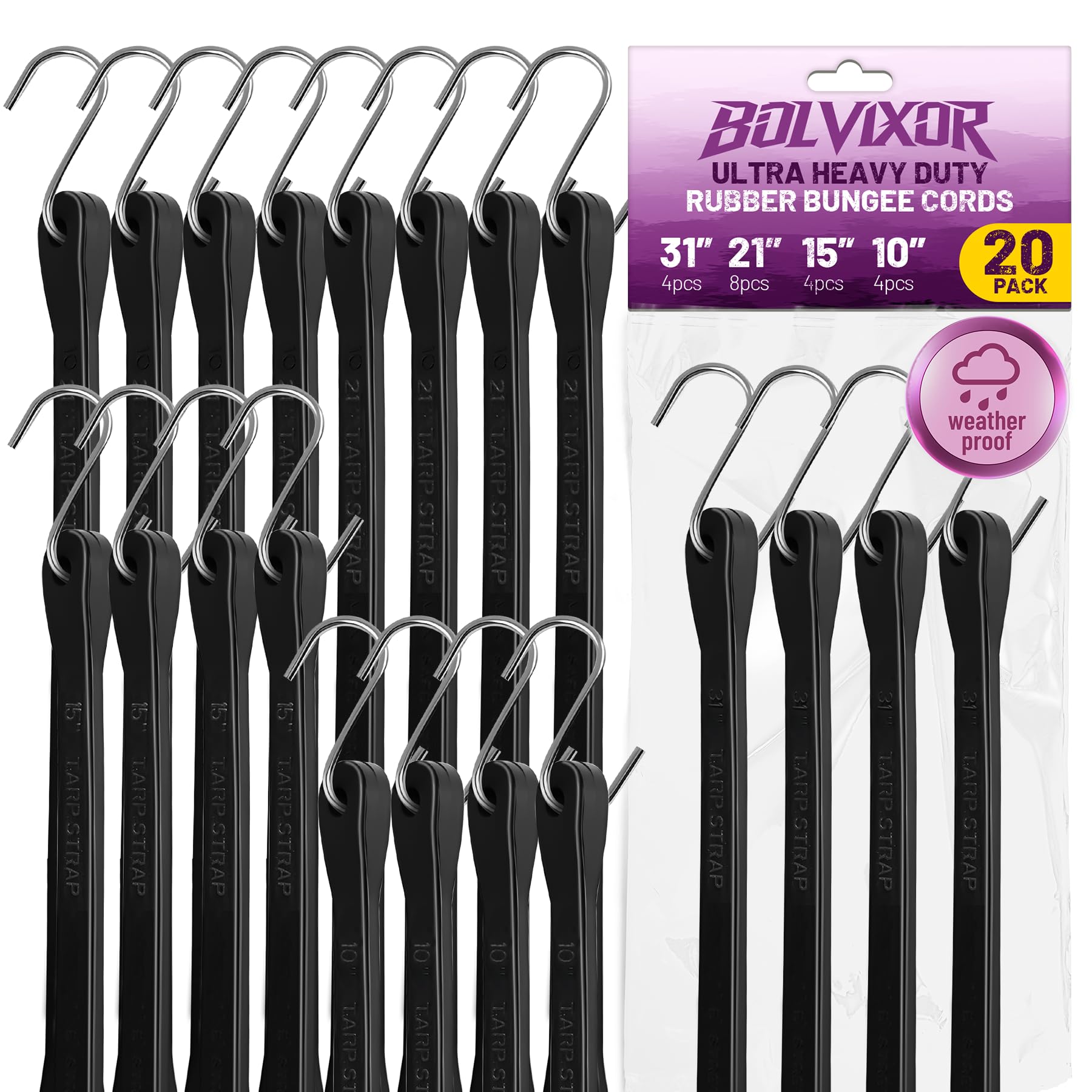 Bungee Cords with Hooks (20 Pack) – 10", 15", 21", 31" Heavy Duty EPDM Rubber Tarp Straps, Max Stretch 2X, Load 180+ LBS, Crimped S Hooks for Cargo, Trucks, Camping, Outdoor Use
