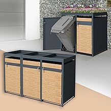 ML-Design Mülltonnenbox 3er mit Pflanzdach für 3 Tonnen, 240L 200x80x124 cm Lärchenoptik, Stahl, wetterfest, Abschließbare Mülltonnenverkleidung mit Tür, Müllbox Mülltonnecontainer Mülltonnenabdeckung