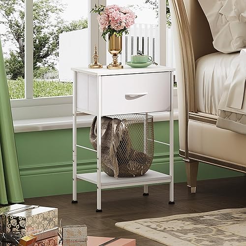 Miniatura 2 de WLIVE Mesita de noche, mesa auxiliar con cajón de almacenamiento de tela y estante de madera abierto, muebles de noche con marco de acero, mesa
