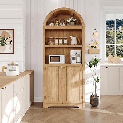 Garvee 71" Tall Arched Book Shelf, 5-Tier Freestanding Bookcase with Double Doors and Open Shelves, Natural Wood Grain, Gold Handles, for Living Room or Study, Natural