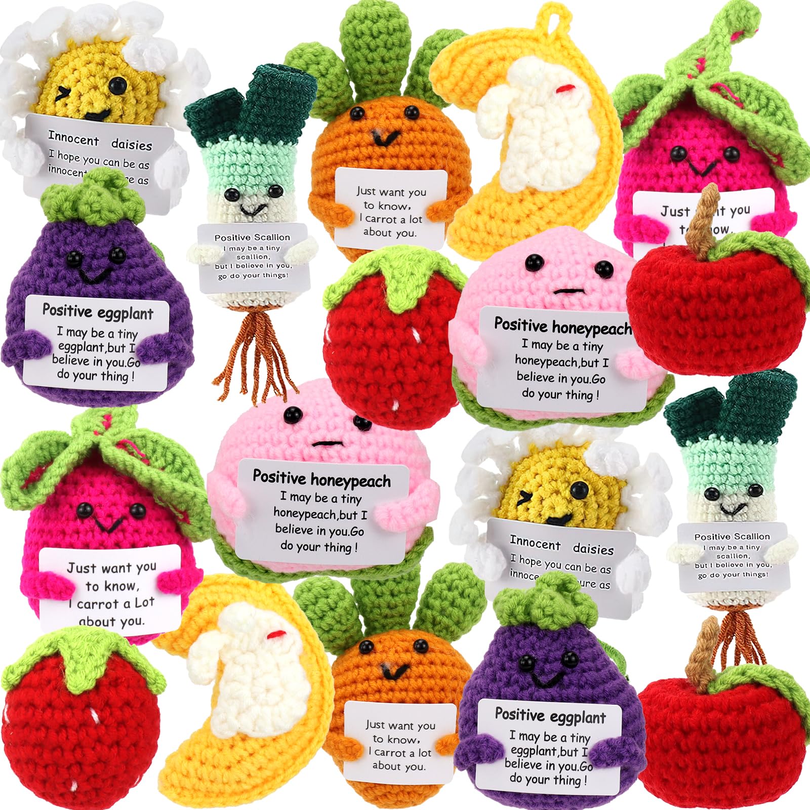18 Stück Positive Früchte Sonnenblume Emotionale Häkelpuppen Großpackung Unterstützung Ermutigung Emotionale Gestrickte Häkelgeschenke mit Positiven Worten für Freunde Kollegen Dekoration für Zuhause