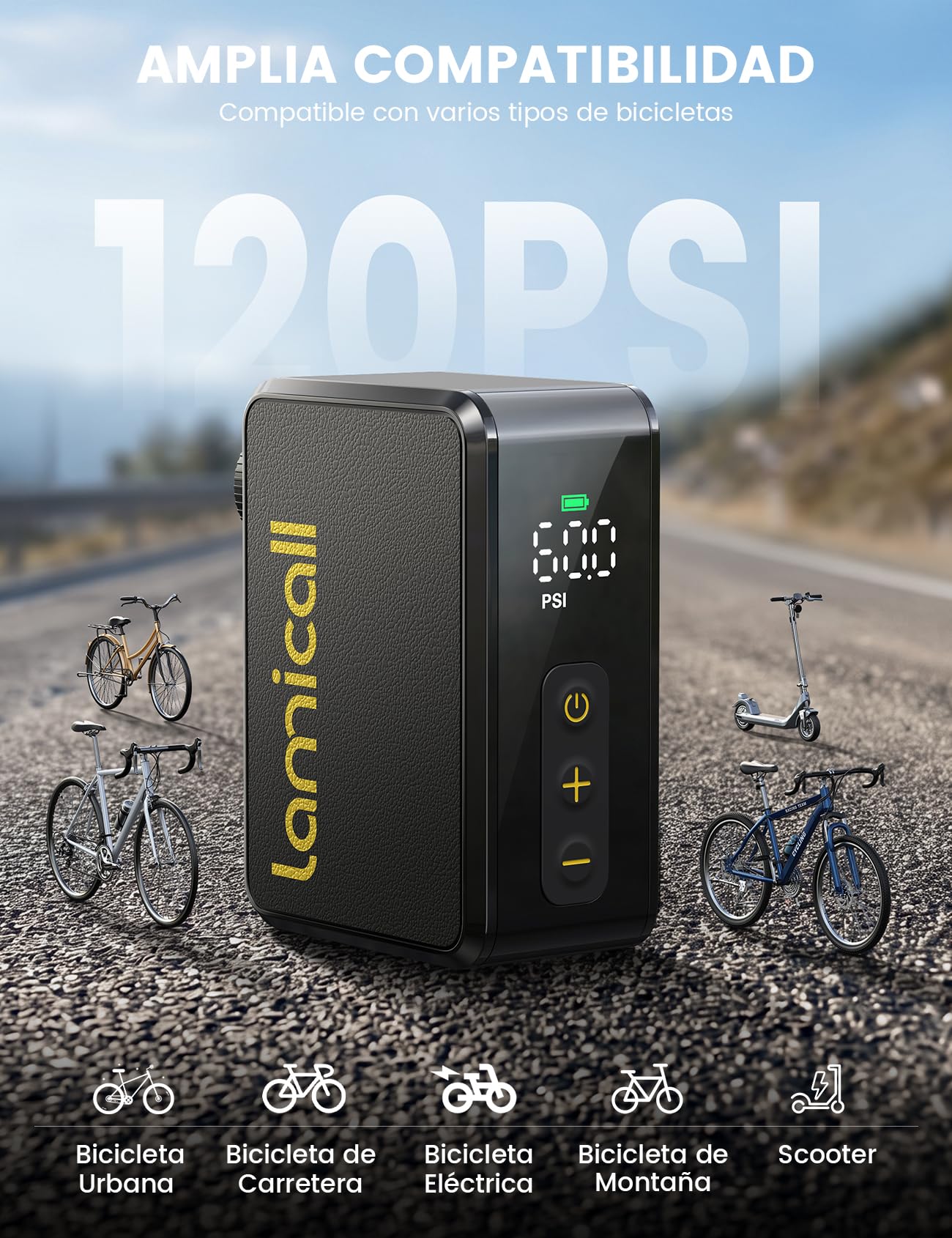Lamicall Mini Bomba de Aire Bicicleta Eléctrica - [Ultraligera] 120 PSI Bomba Bici Portátil con Manómetro Digital & Parada Automático, 24 L/min, Inflador Ruedas Bicicleta de Carretera/Montaña/E-Bike